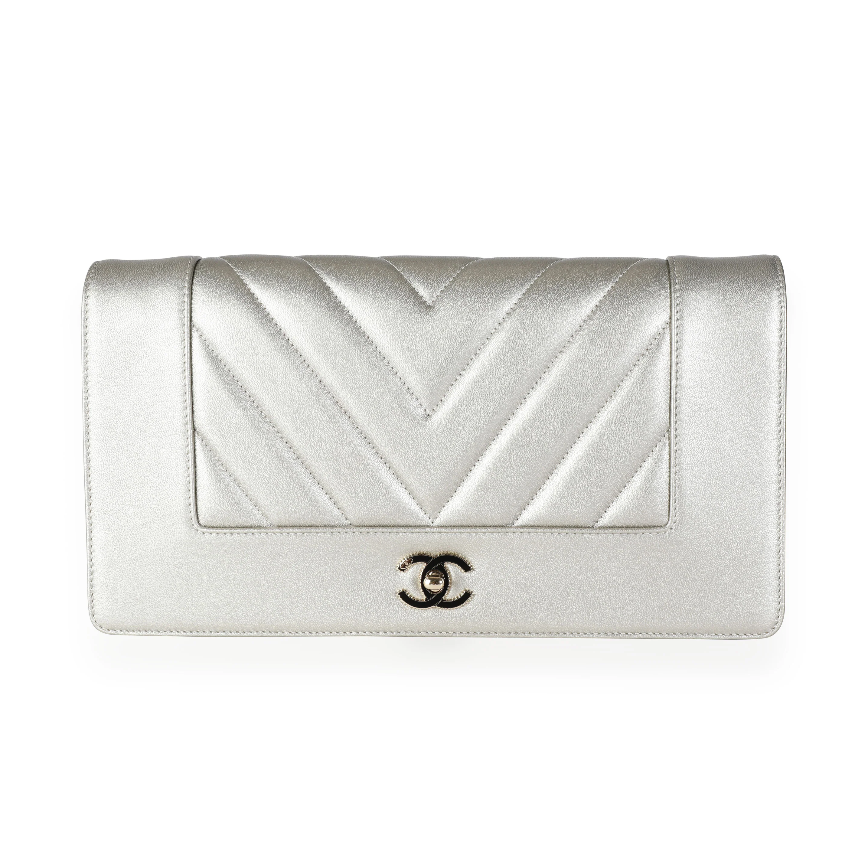 Chanel Gold Chevron Quilted Sheepskin Mademoiselle Vintage Clutch