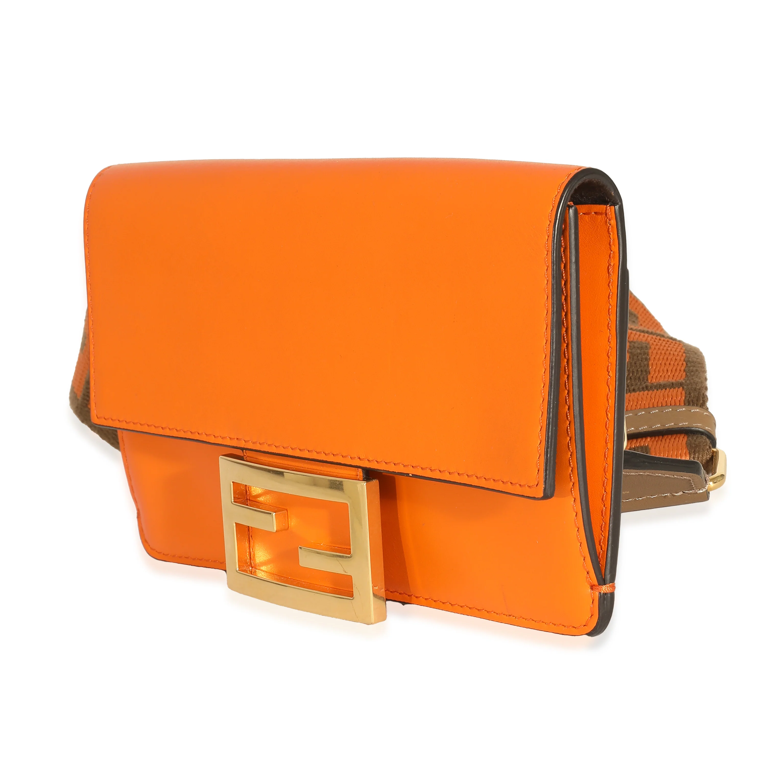 Orange Calfskin Mini Flat Baguette with Brown Strap You Strap - Image 5