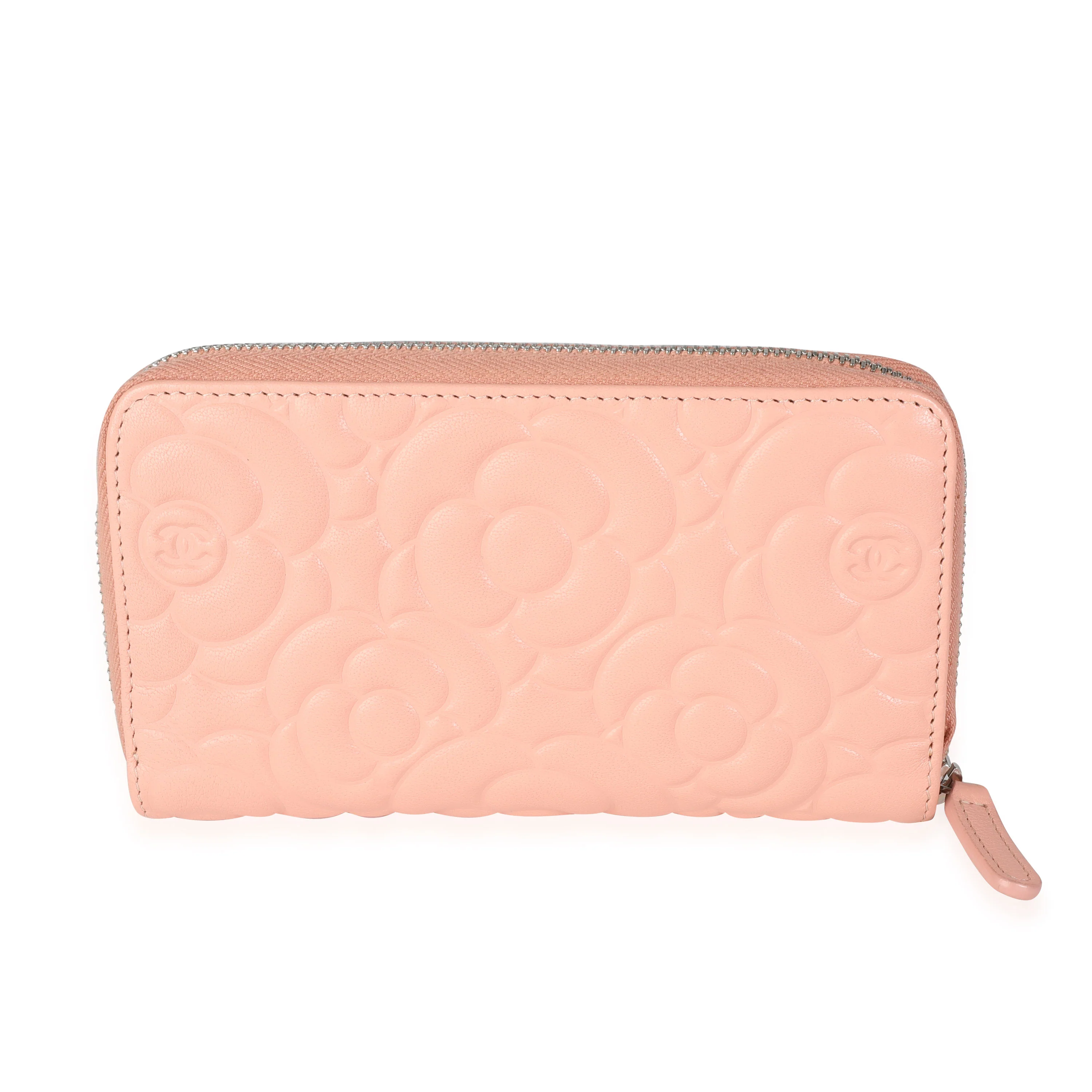 Chanel Peach Pink Camellia Embossed Zip Around Wallet - Image 2