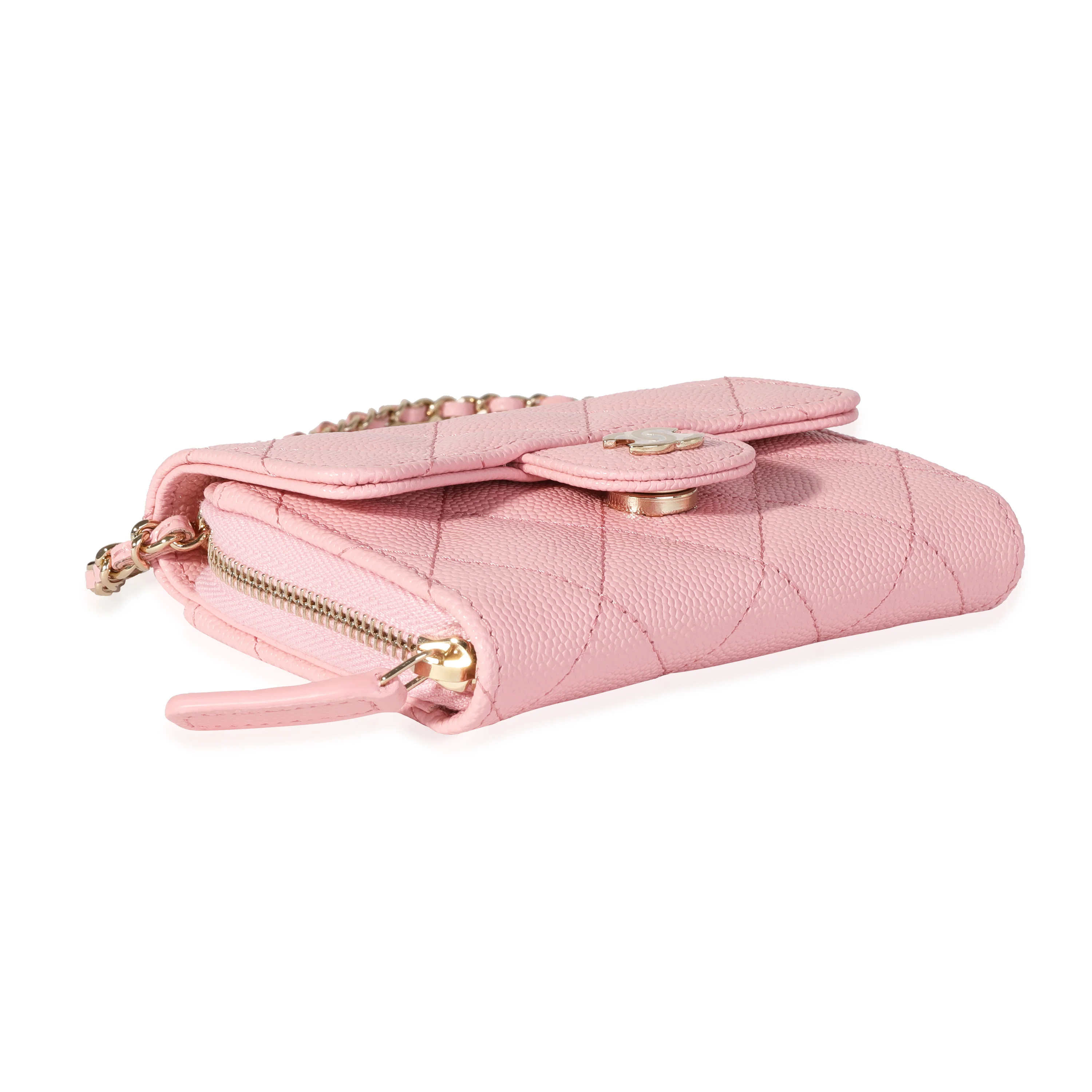 Pink Quilted Caviar Compact Wallet On Chain - Image 4