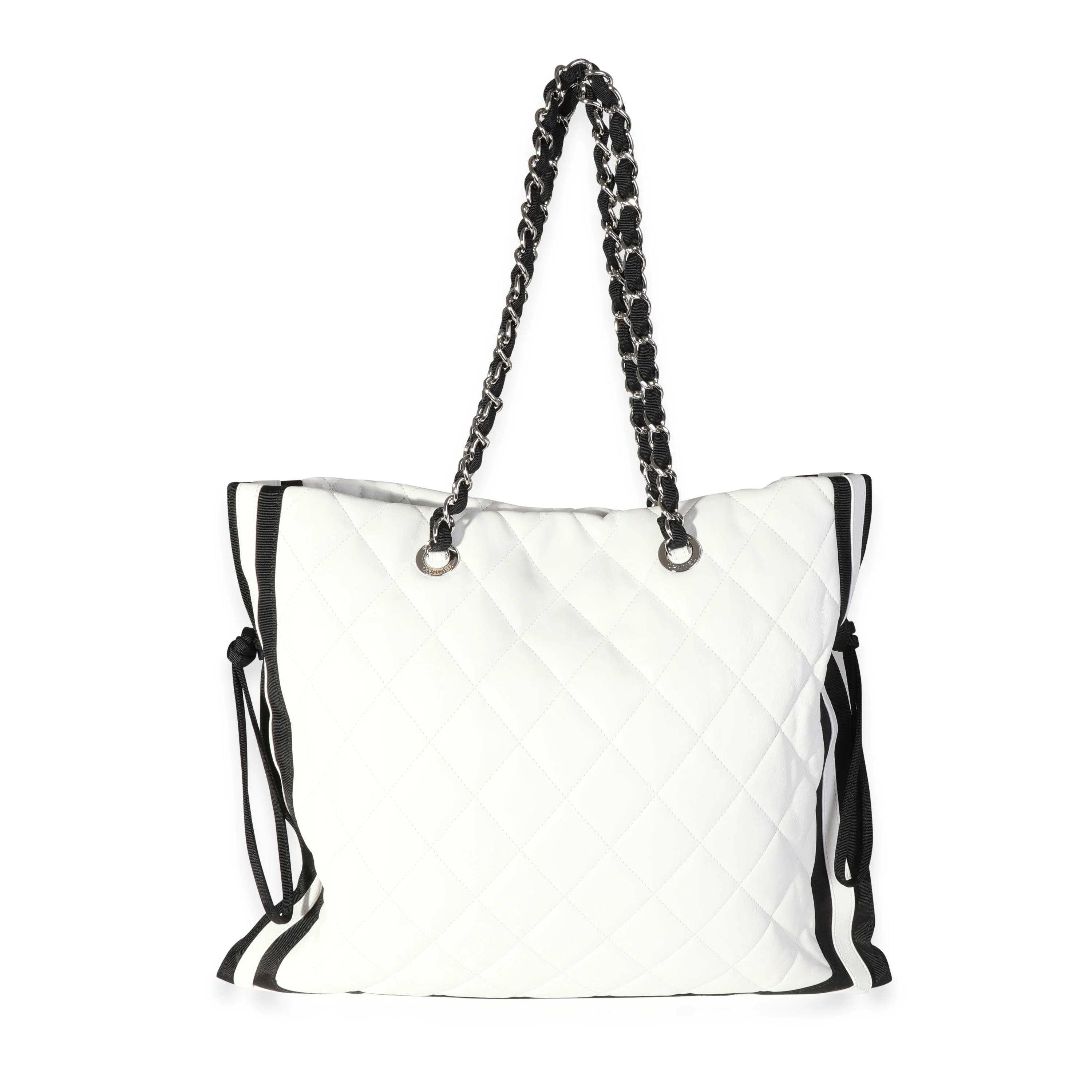 Chanel White Quilted Lambskin & Black Grosgrain CC Drawstring Tote - Image 3