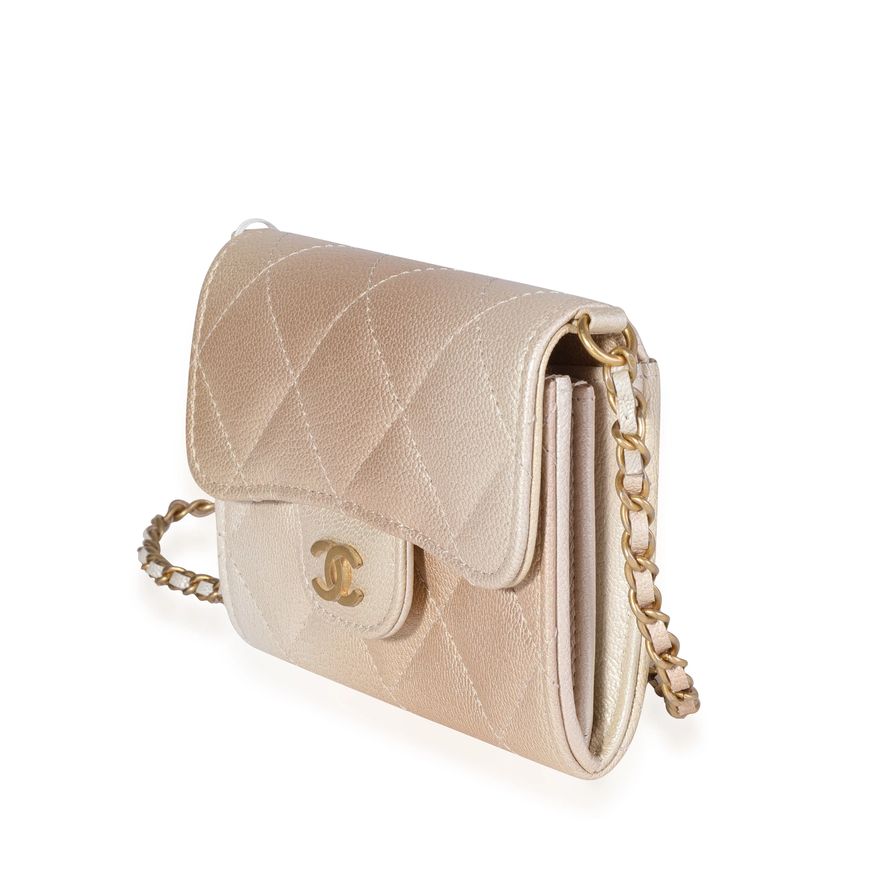 Gold Metallic Ombré Quilted Goatskin Classic Mini Clutch with Chain - Image 2