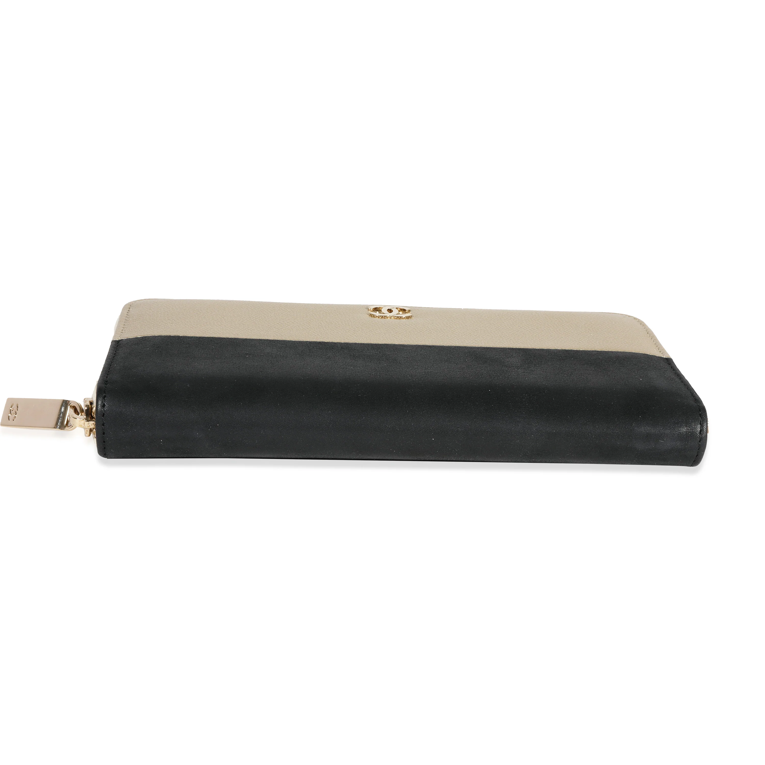 Chanel Black Satin & Metallic Light Gold Caviar Leather L-Gusset Zip Wallet - Image 5