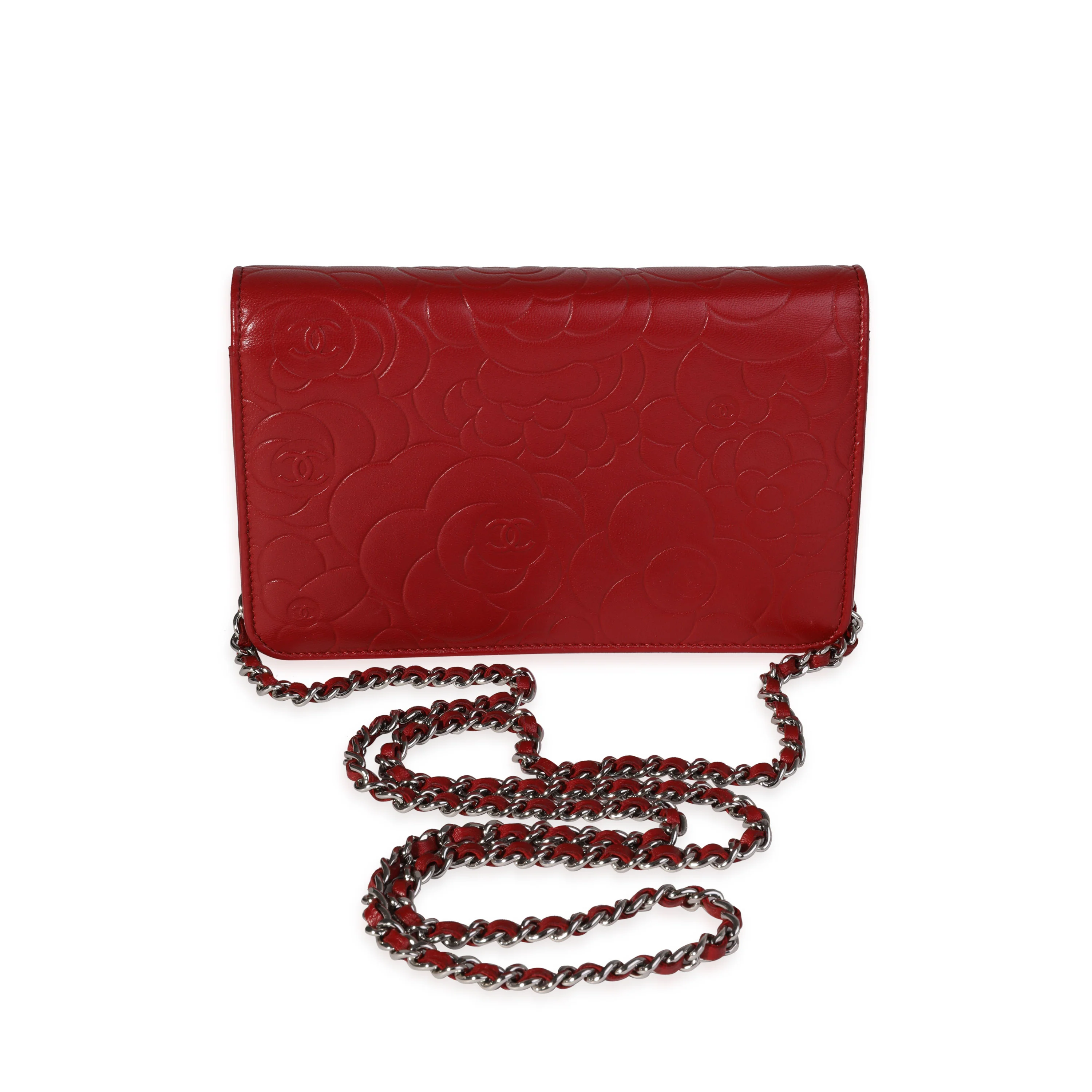 Chanel Red Camellia-Embossed Leather Wallet on Chain - Image 3