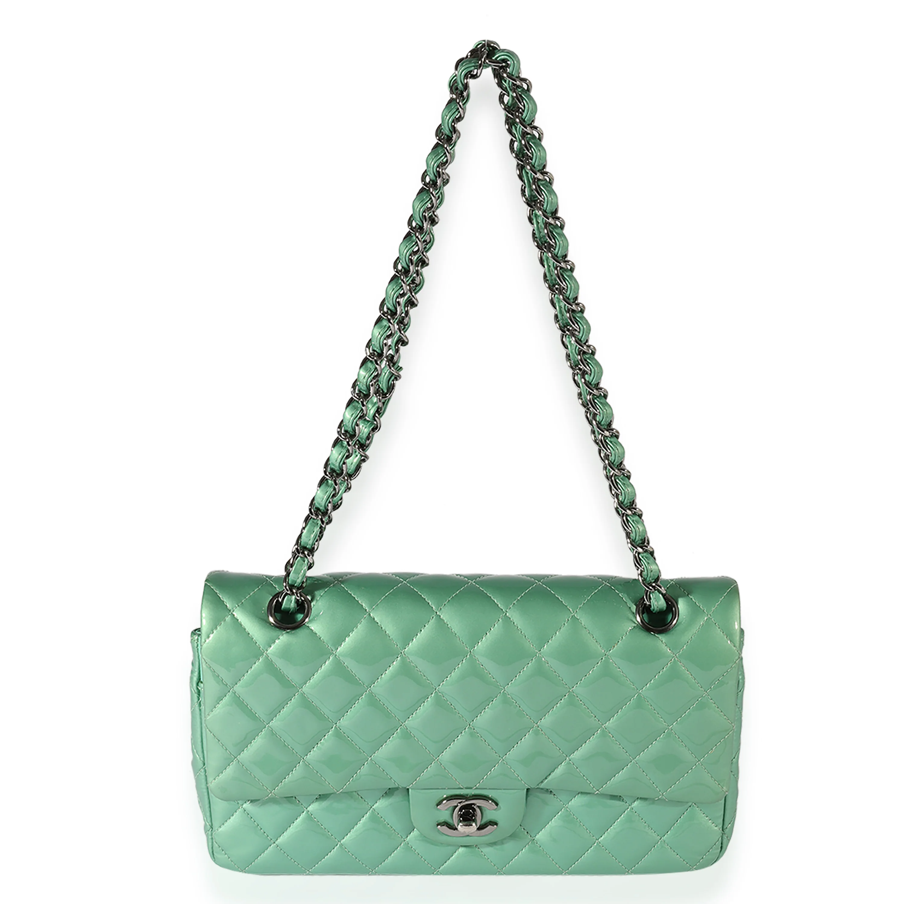 Chanel Seafoam Quilted Patent Leather Medium Classic Double Flap Bag - Image 4