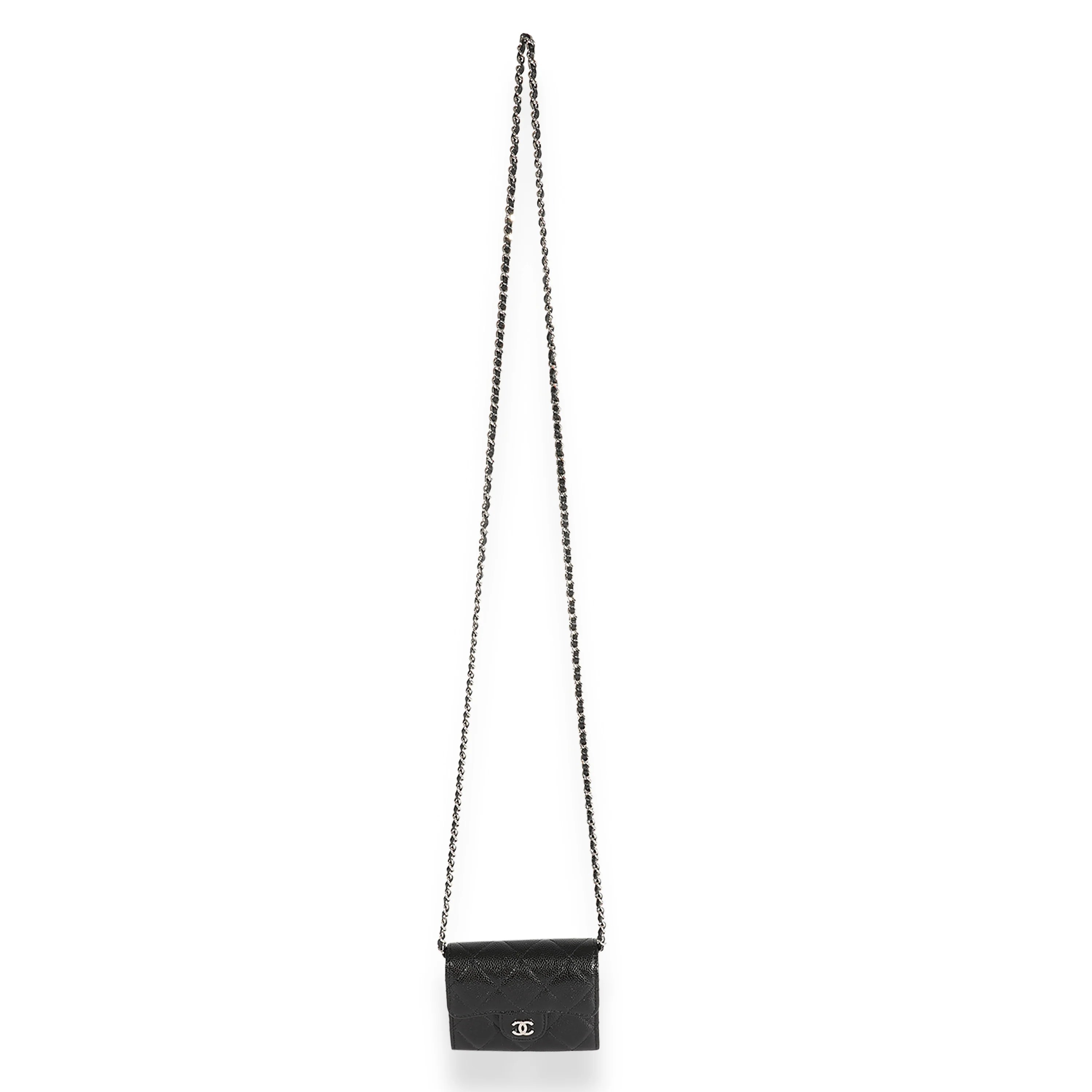 Chanel Black Quilted Caviar Mini Flap Card Holder On Chain - Image 4