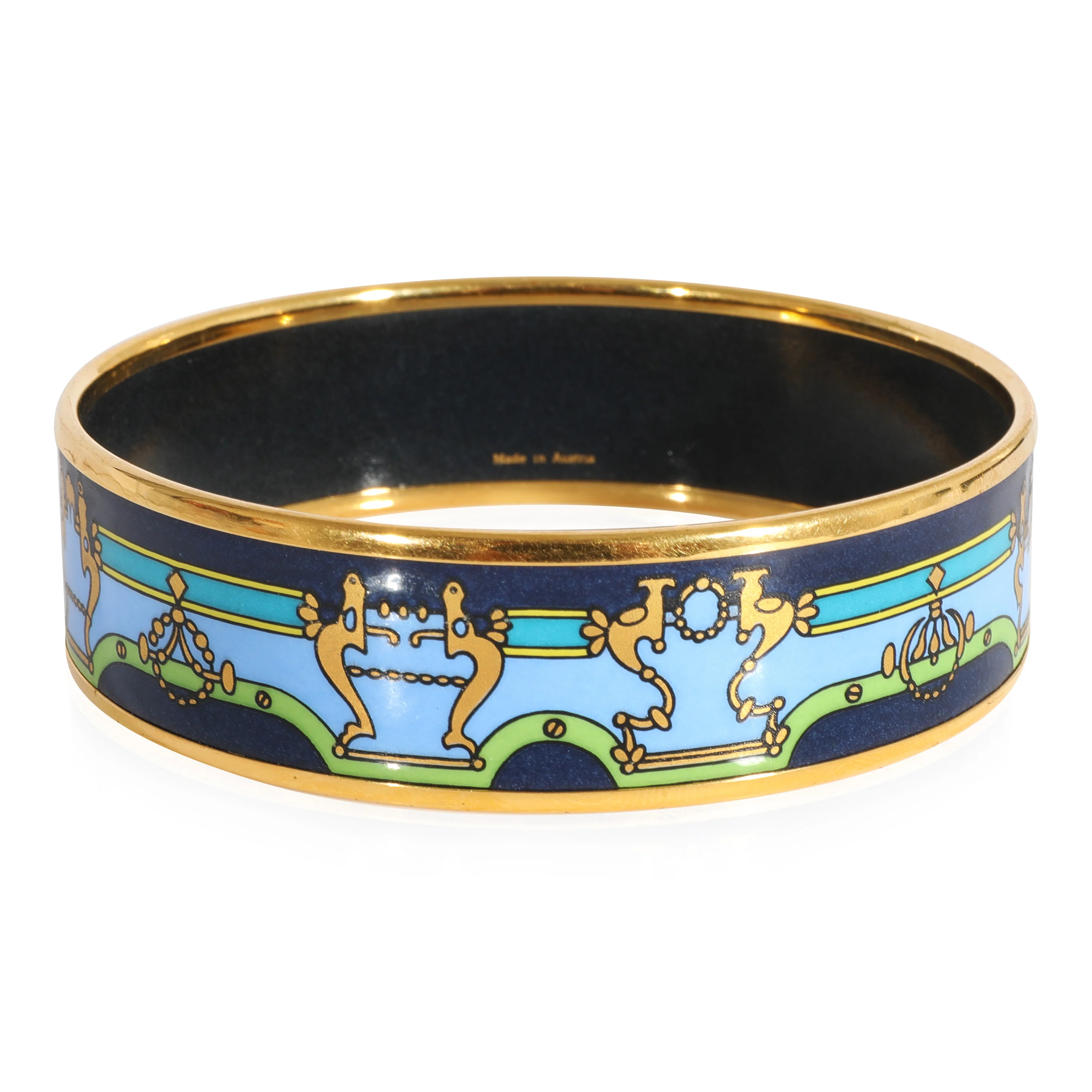 Hermès Plated Enamel Bracelet with Blue, Green & Gold  Design (62MM) - Image 2