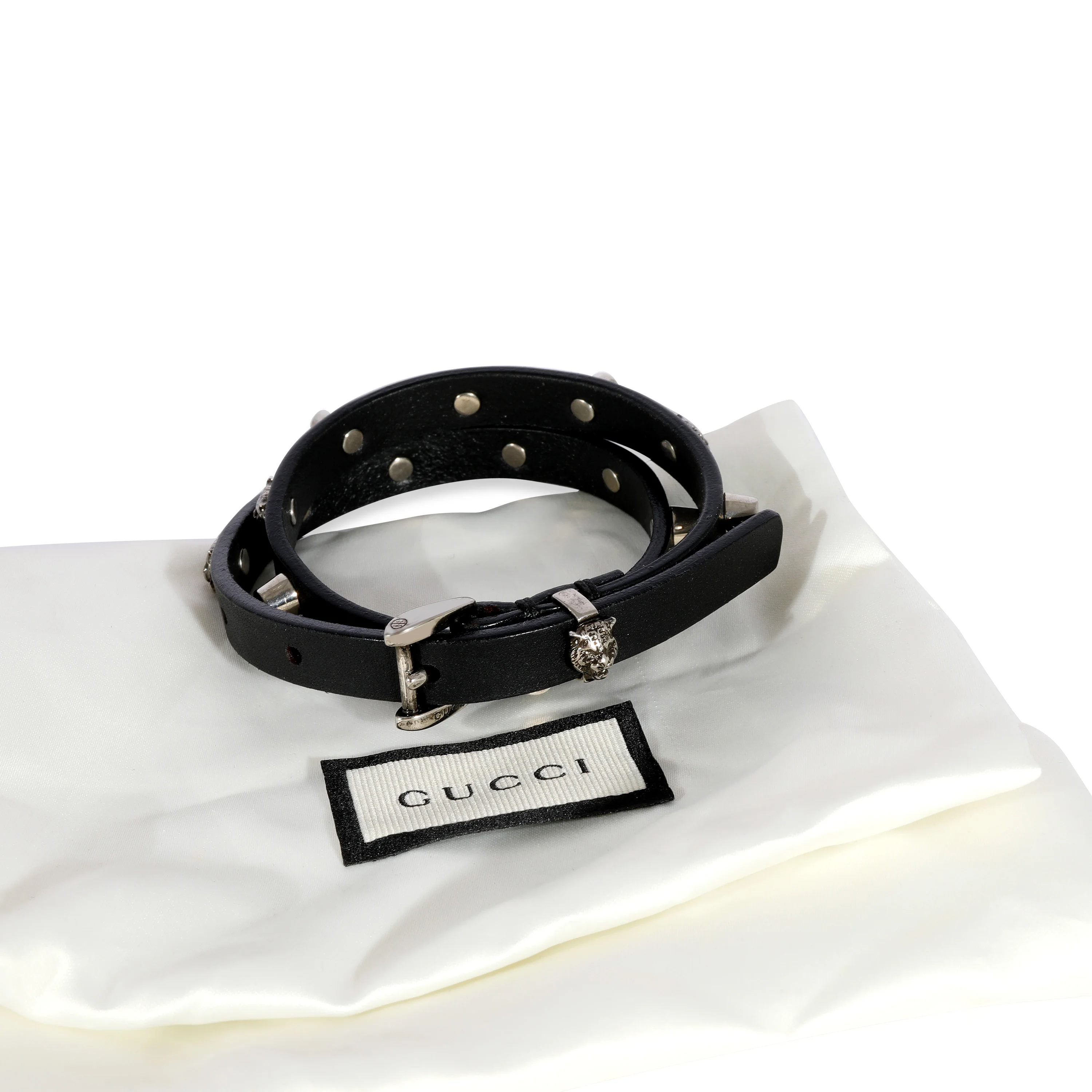 Black Leather Double Wrap Bracelet with Feline Heads & Studs - Image 3