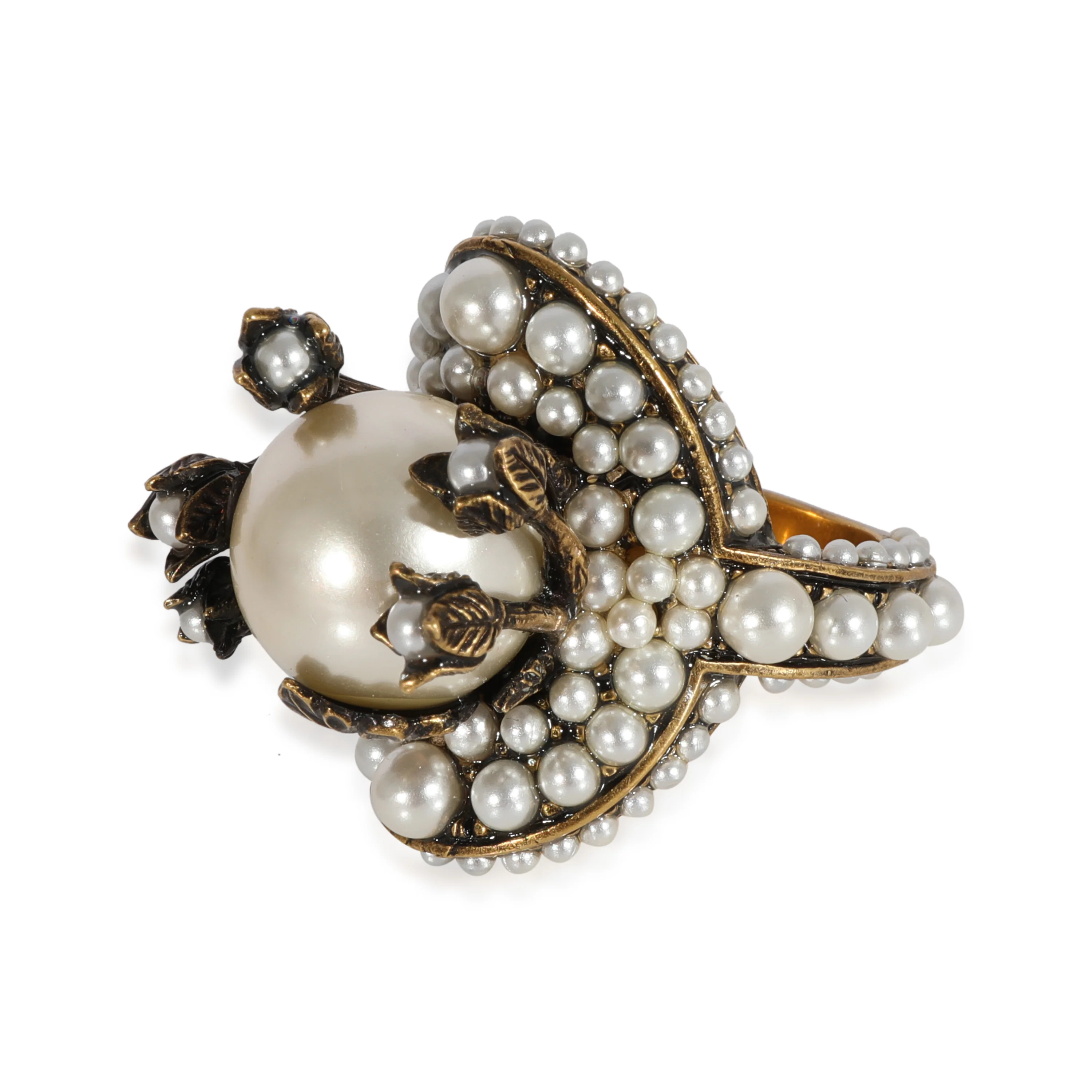 Floral Buds Brass Tone Faux Pearl Flower Cocktail Ring - Image 2