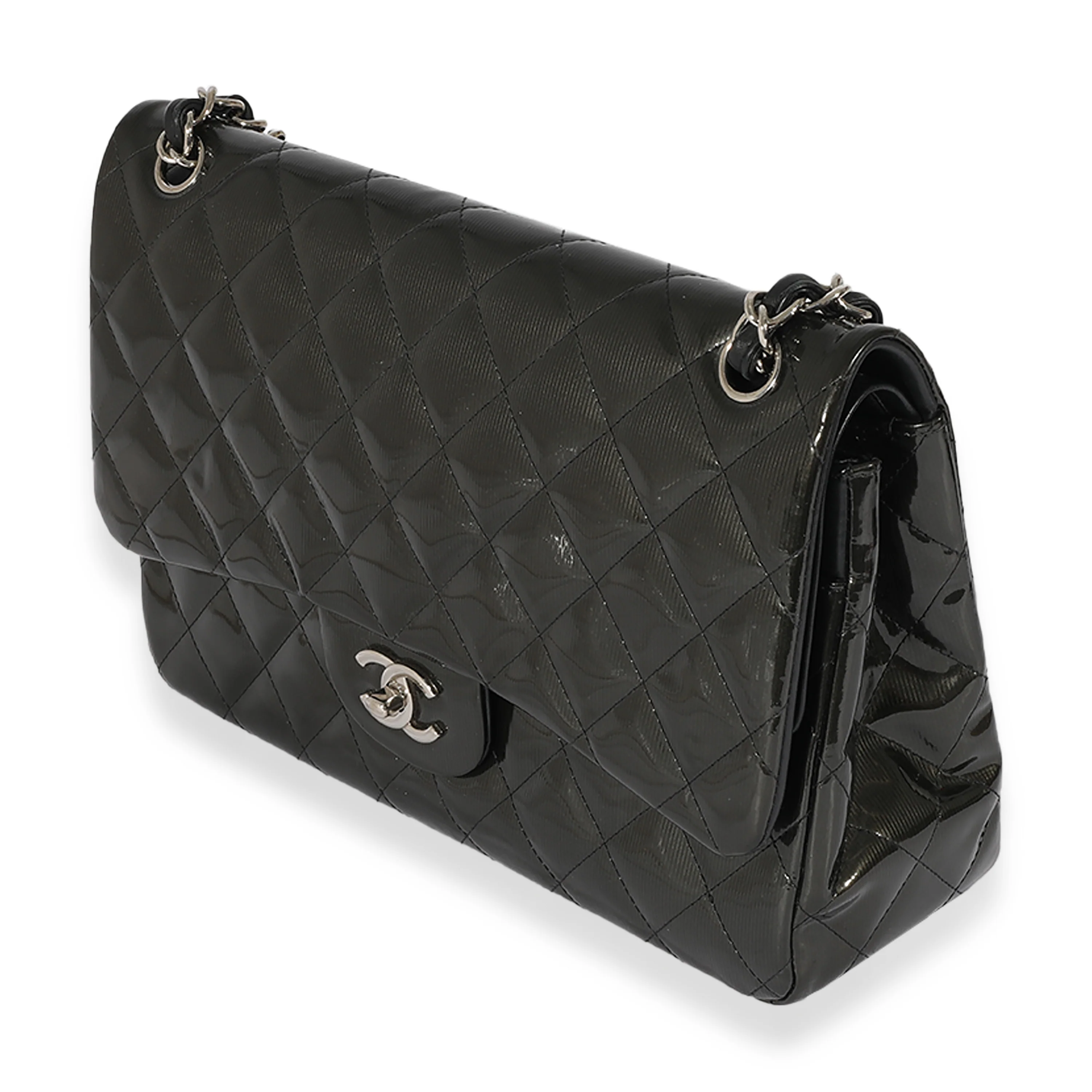 Chanel Grey Quilted Patent Leather Stripe Jumbo Double Flap Bag - Image 2