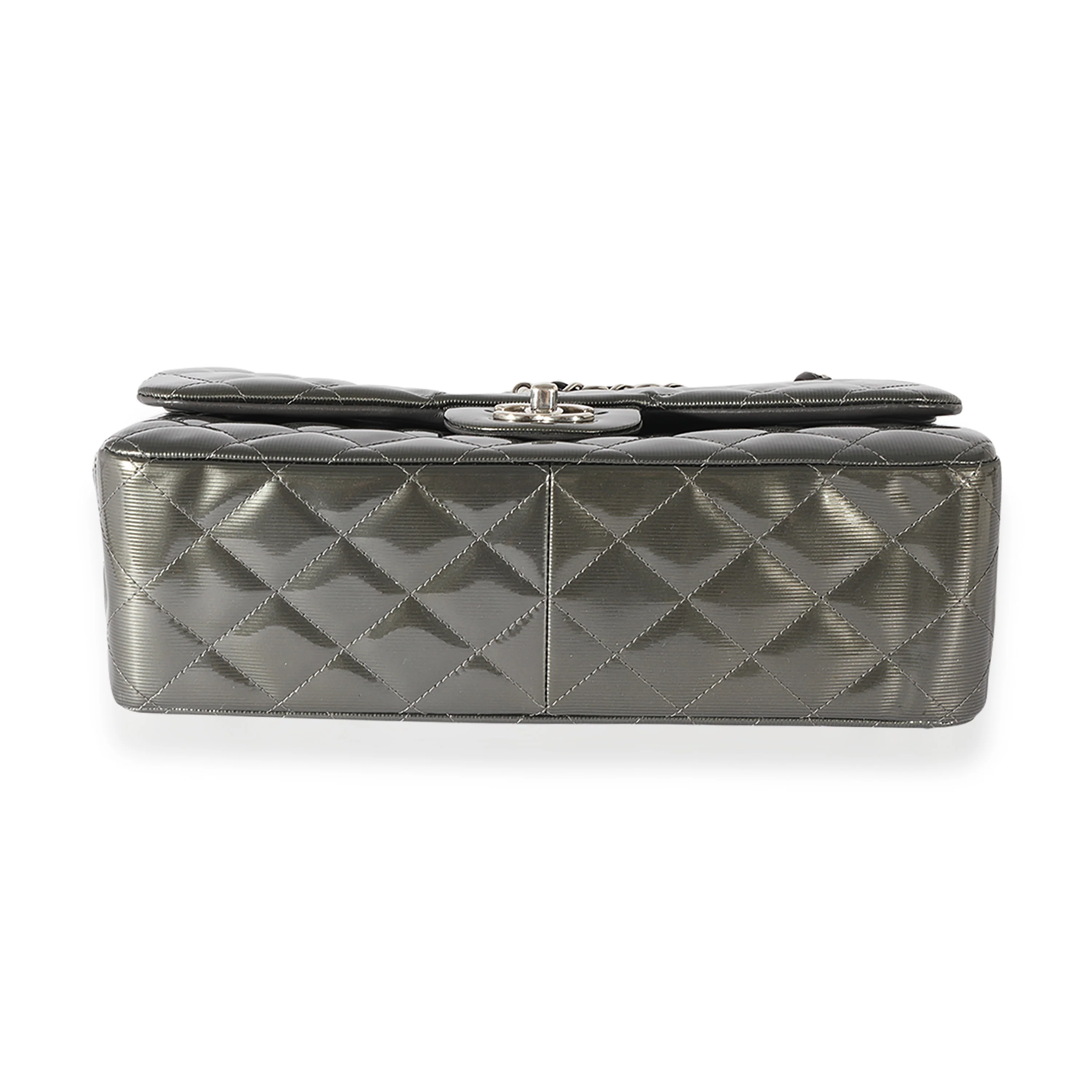 Chanel Grey Patent Leather Stripe Jumbo Double Flap - Image 5