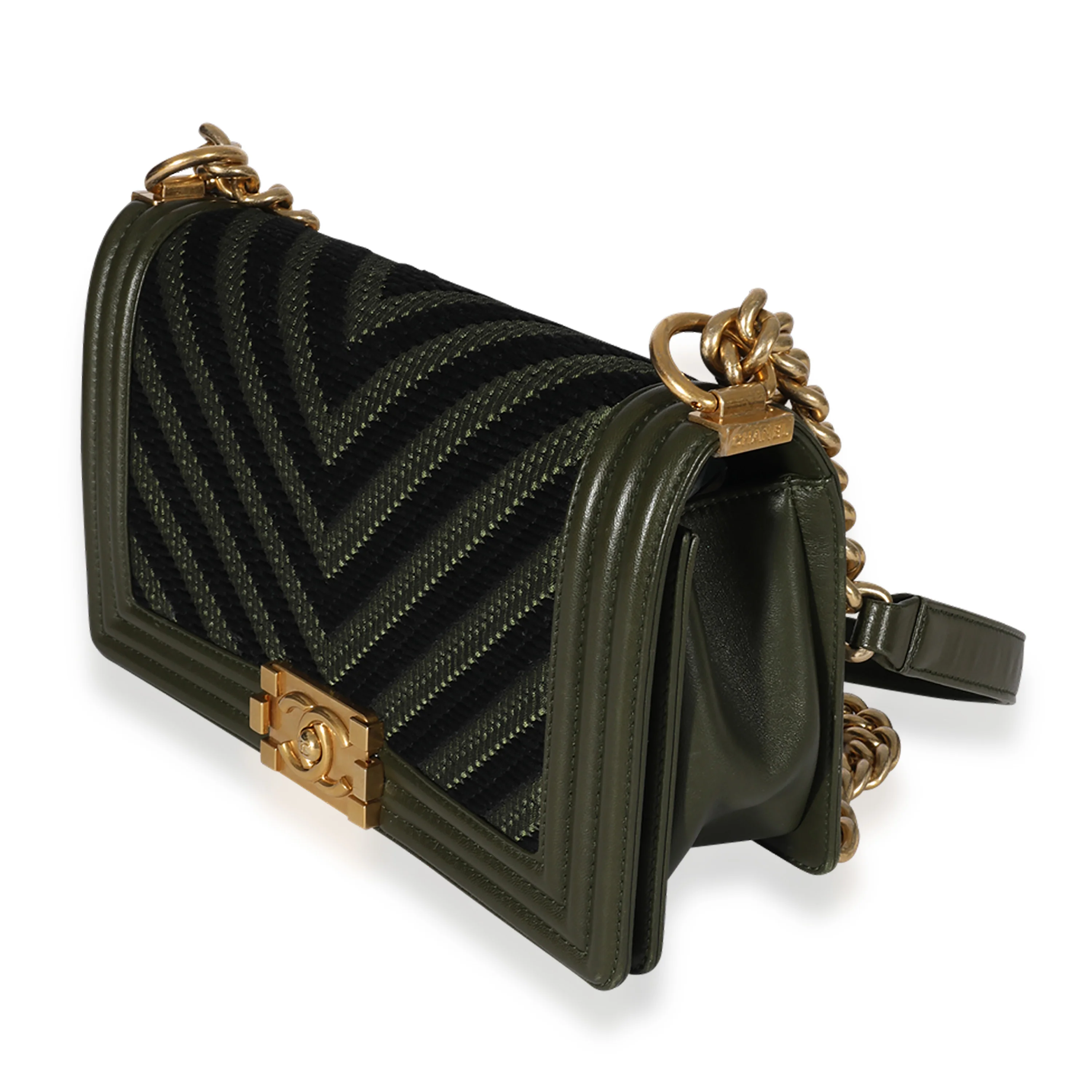 Khaki and Black Lambskin Braided Chevron Medium Boy Bag - Image 2