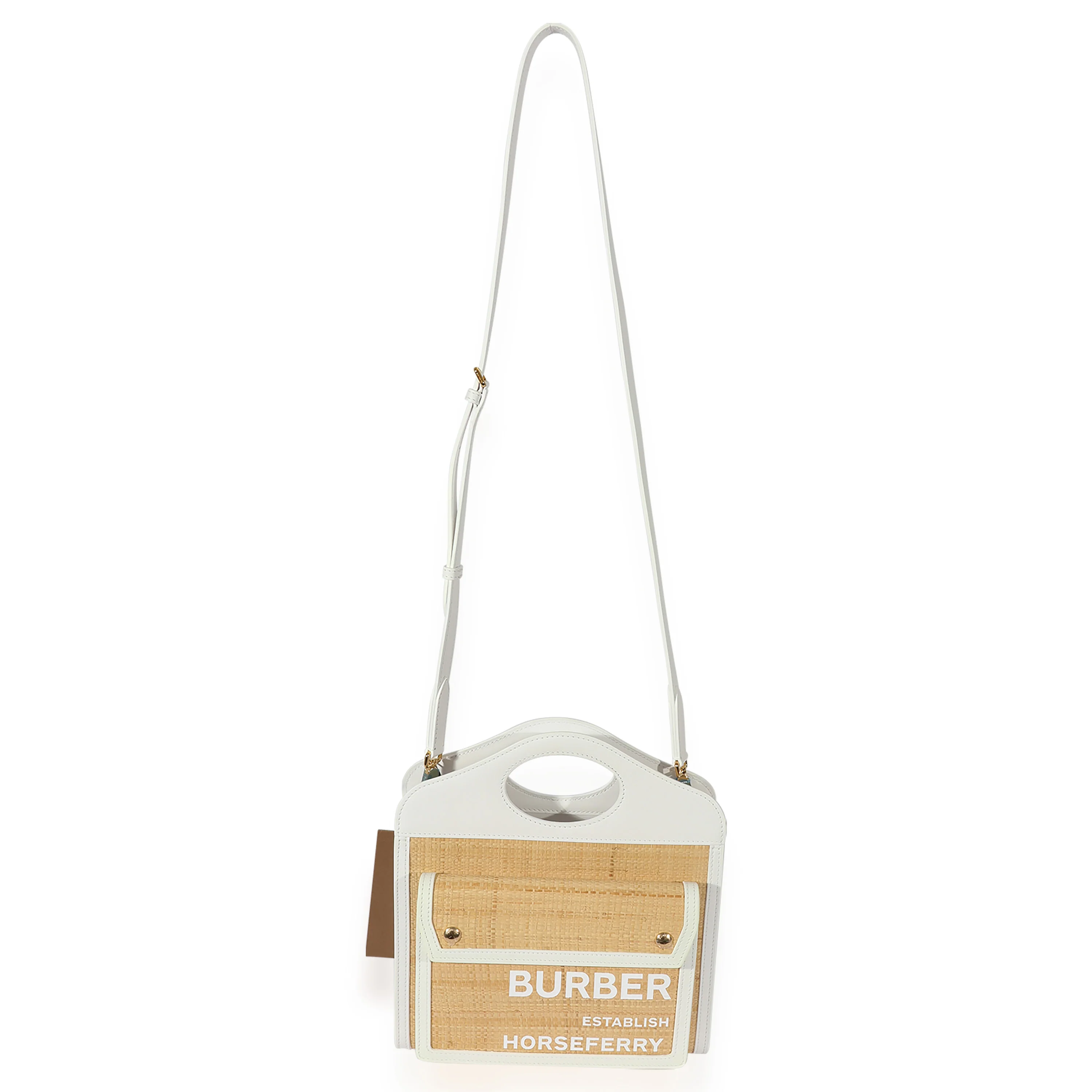 Burberry White Leather & Natural Raffia Mini Pocket Bag - Image 8