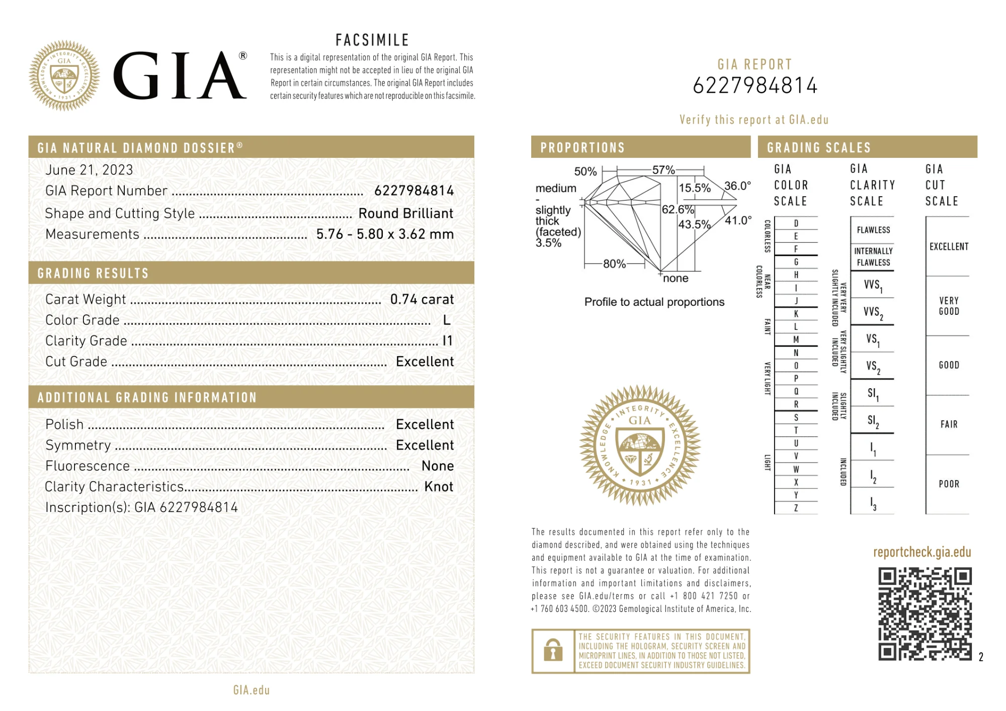 GIA Certified 0.74 Ct Round cut L I1 Loose Diamond - Image 2