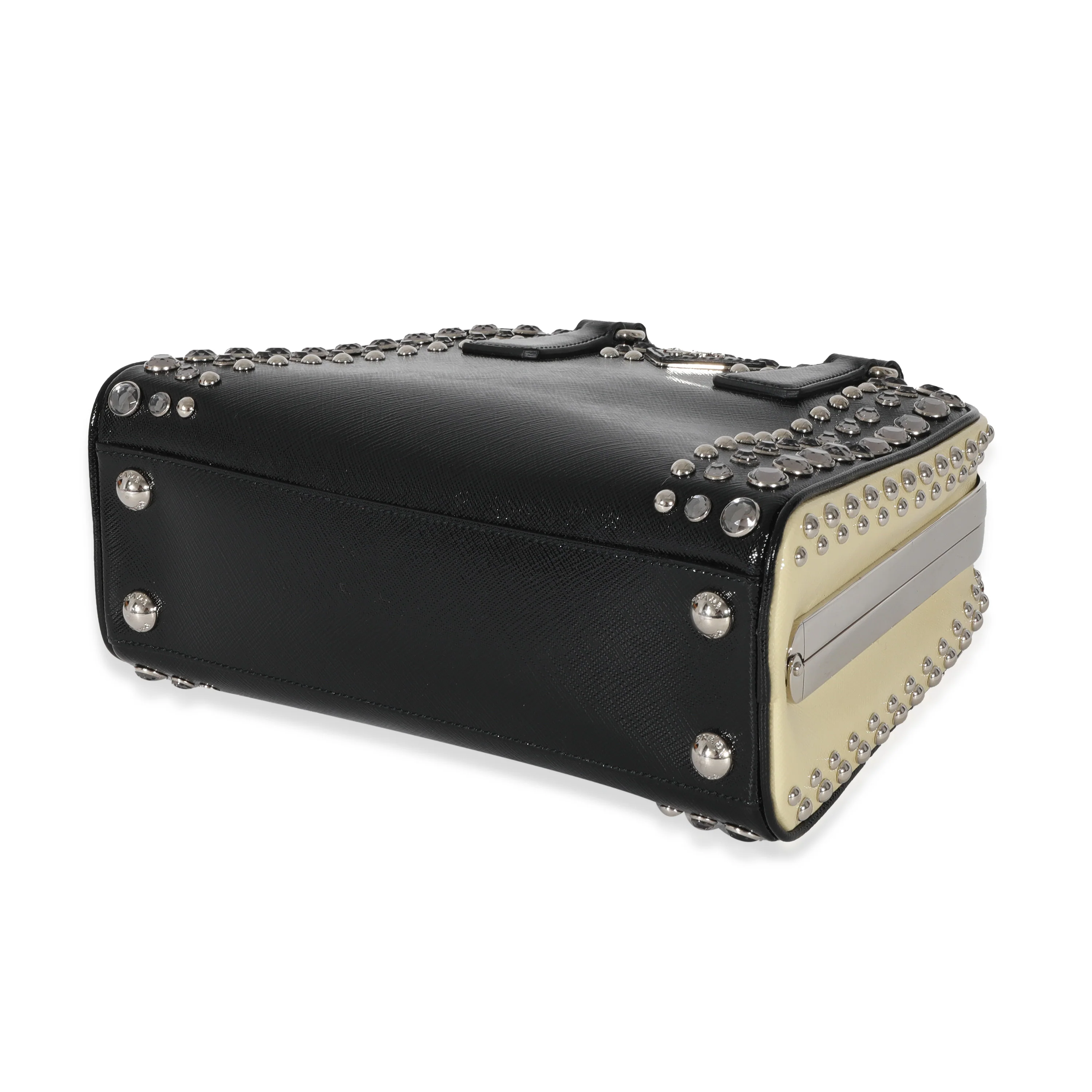 Prada Black White Saffiano Patent Pyramid Studded Frame Satchel - Image 6