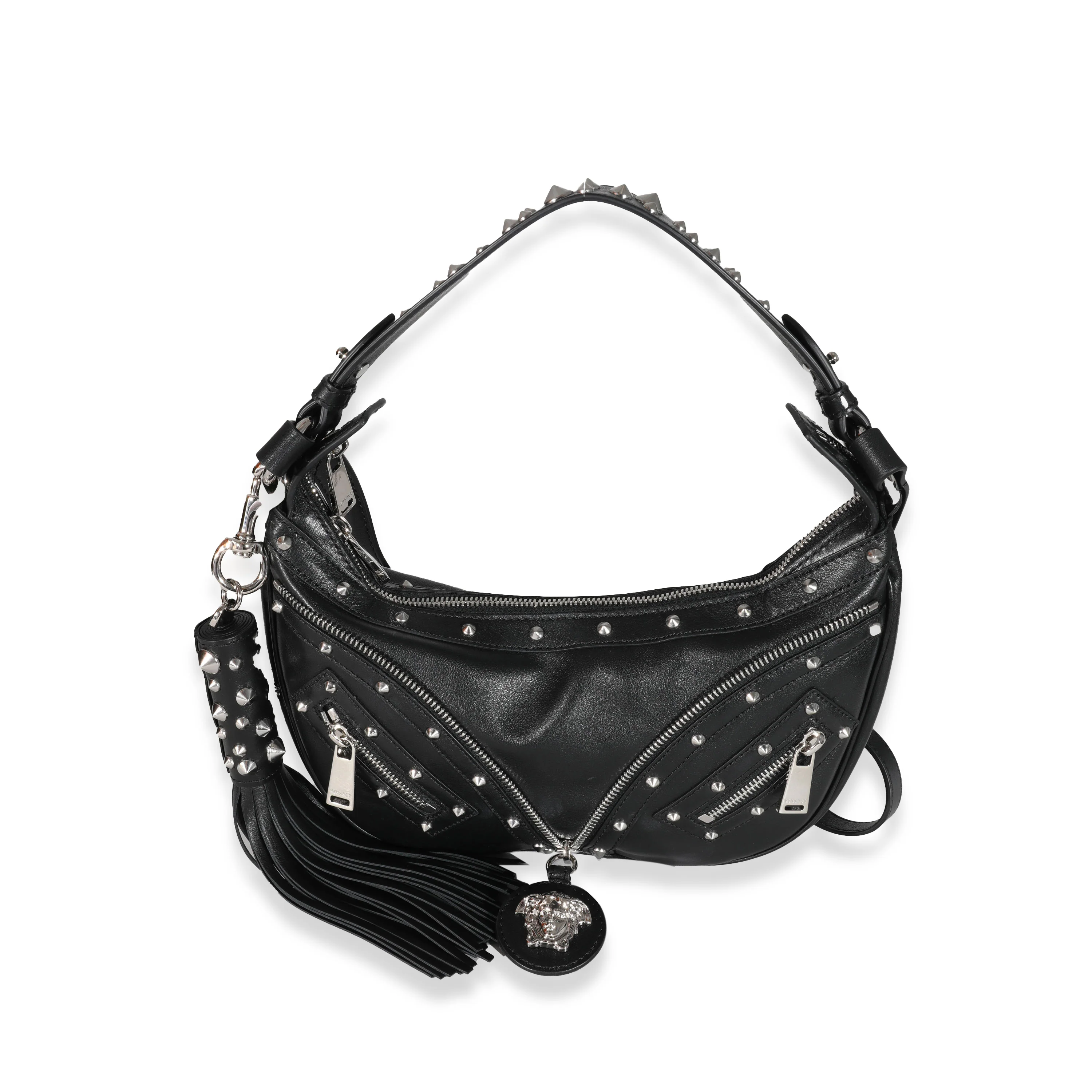 Versace Black Studded Calfskin Small Medusa Repeat Hobo