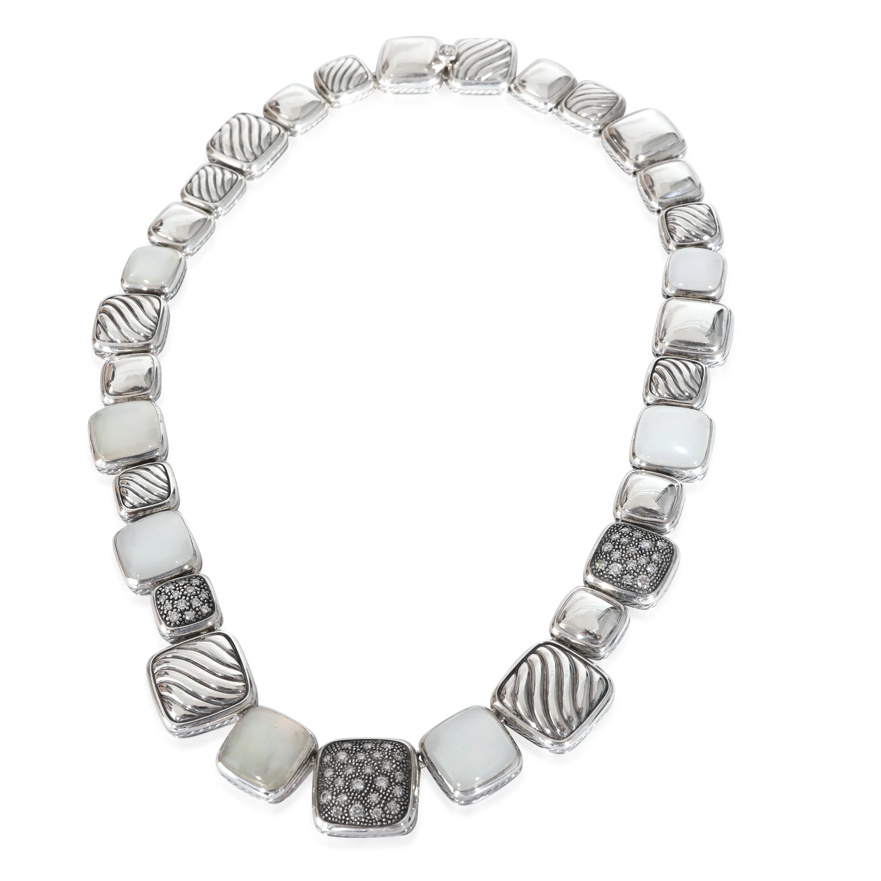 David Yurman Chiclet Moonstone & Diamond Necklace in Sterling Silver 1/1 Ctw - Image 2