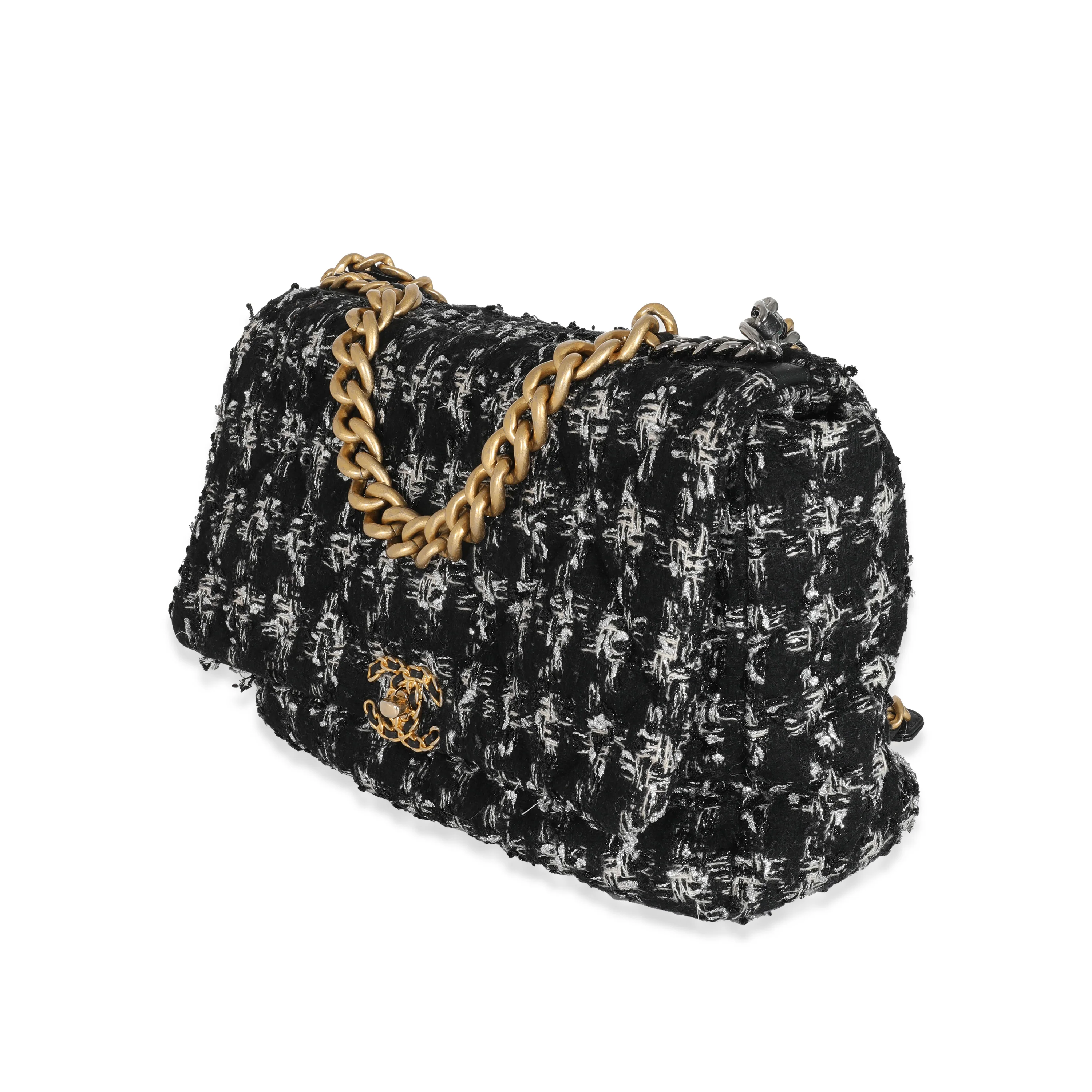 Chanel Black White Metallic Houndstooth Tweed Chanel 19 Maxi Flap Bag - Image 2