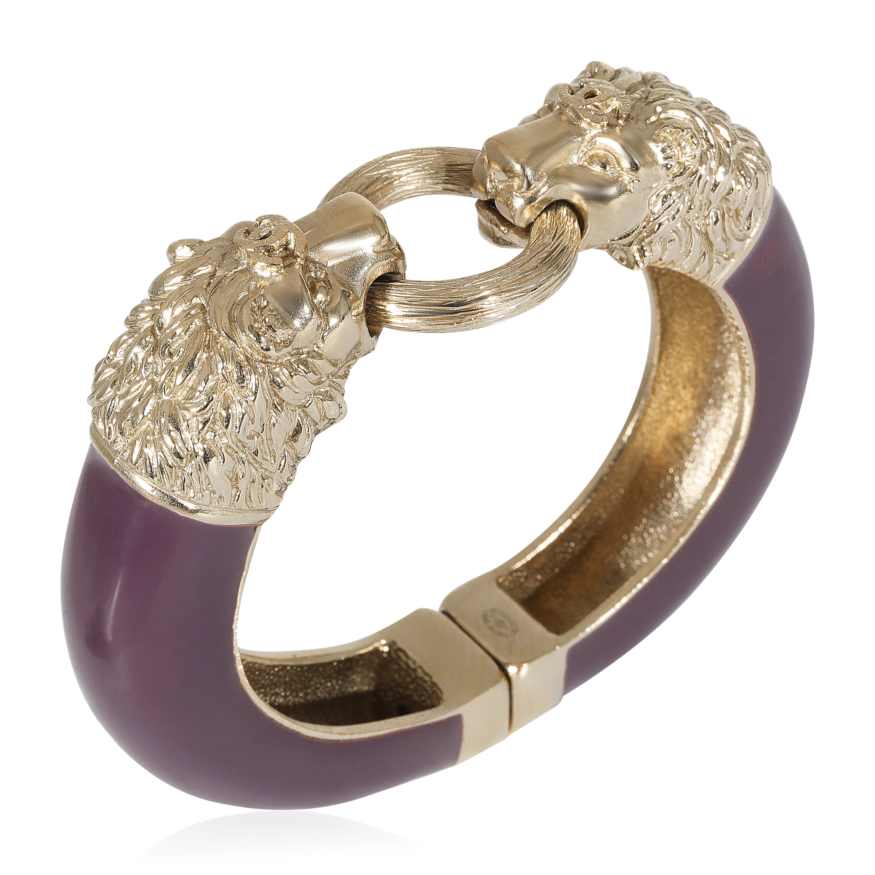 Lion Head Purple Enamel Gold Tone Cuff Bracelet - Image 6