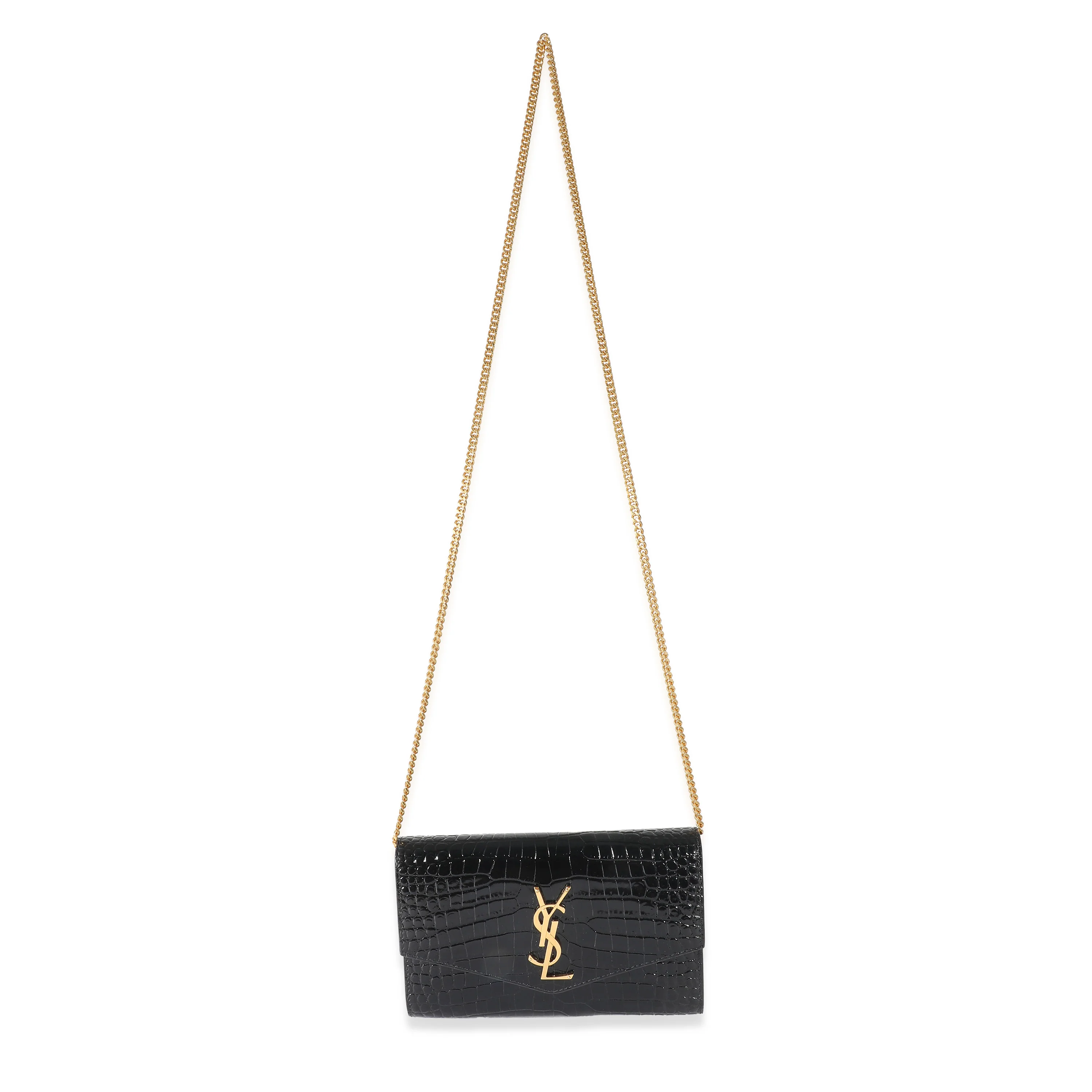 Saint Laurent Black Croc Embossed Uptown Envelope Chain Wallet - Image 6