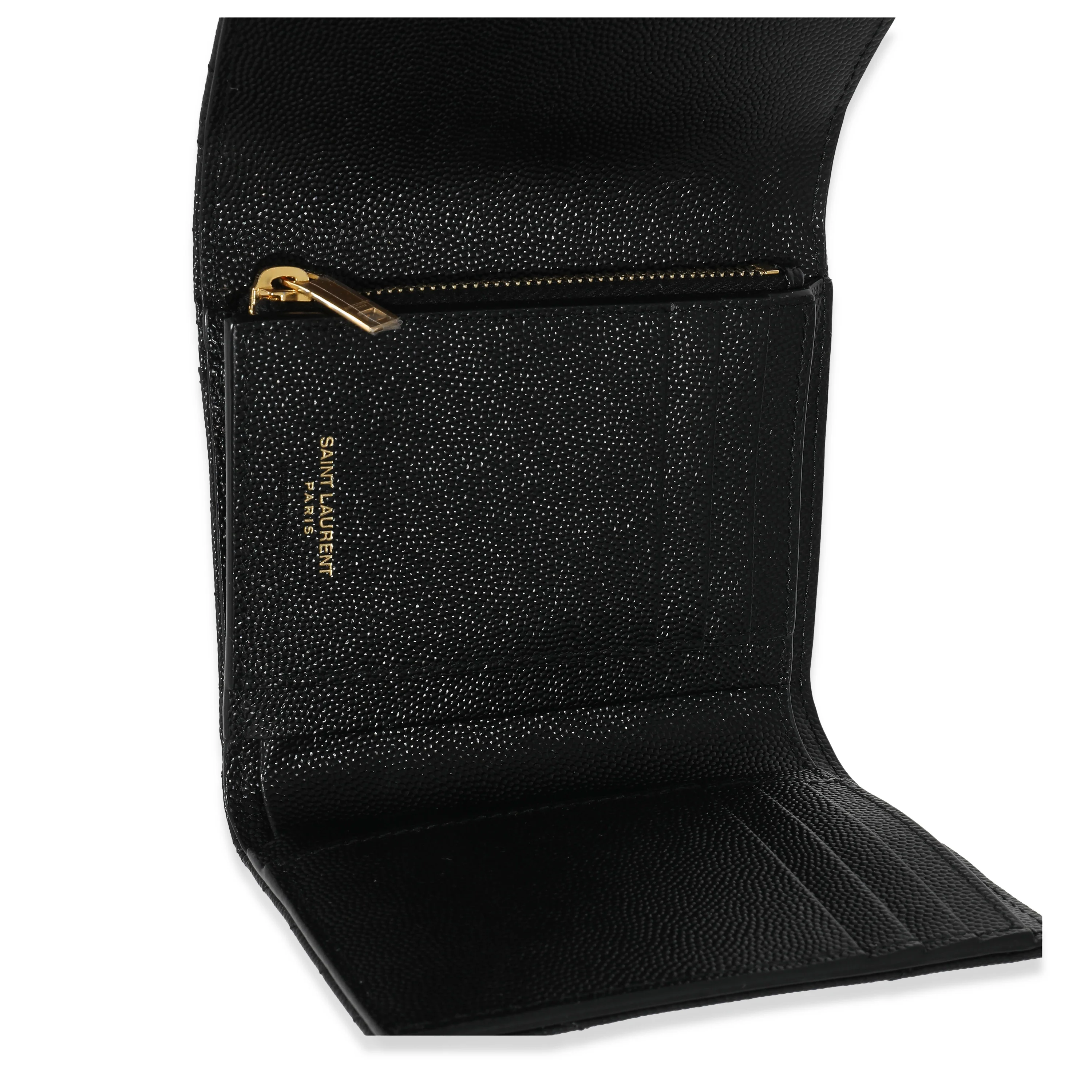 Saint Laurent Black Grain De Poudre Matelassé Cassandre Compact Trifold Wallet - Image 4