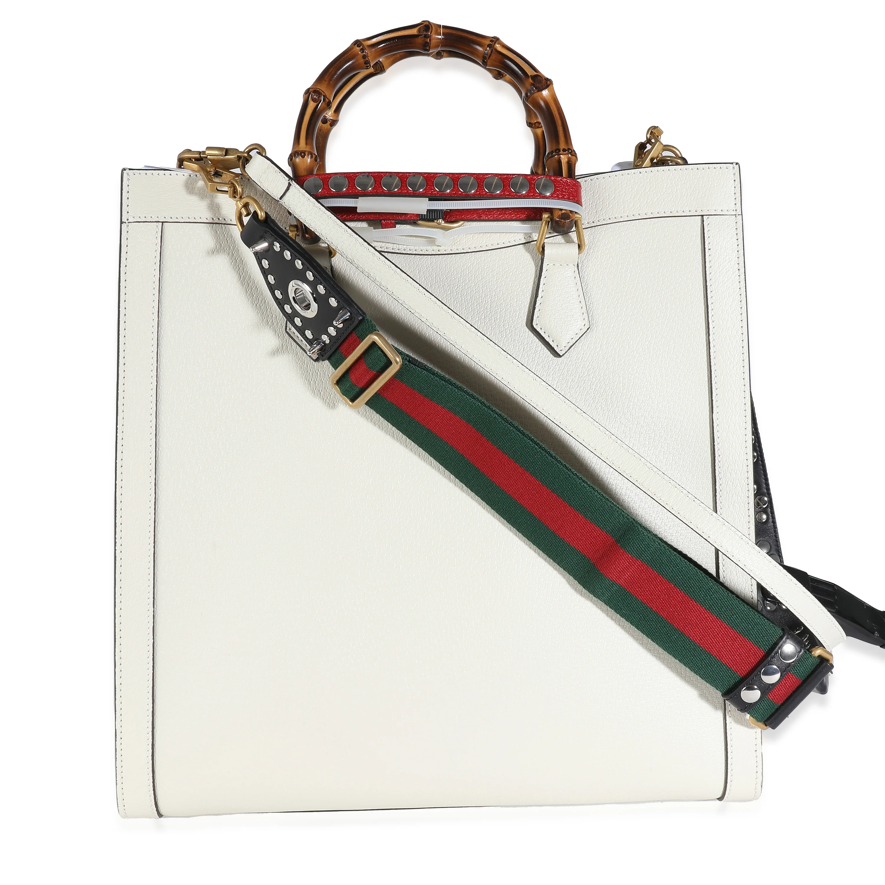 White Textured Dollar Calfskin Web Large Diana Tote - Image 4
