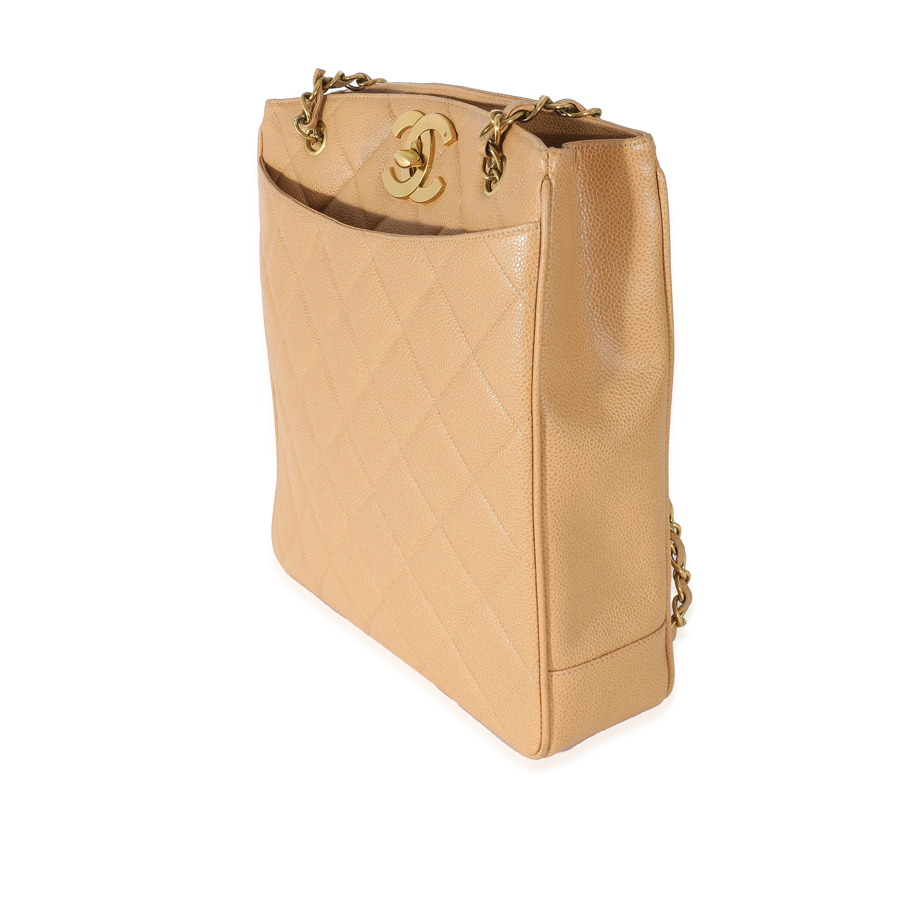 Chanel Quilted Beige Caviar Jumbo CC Chain Tote - Image 2