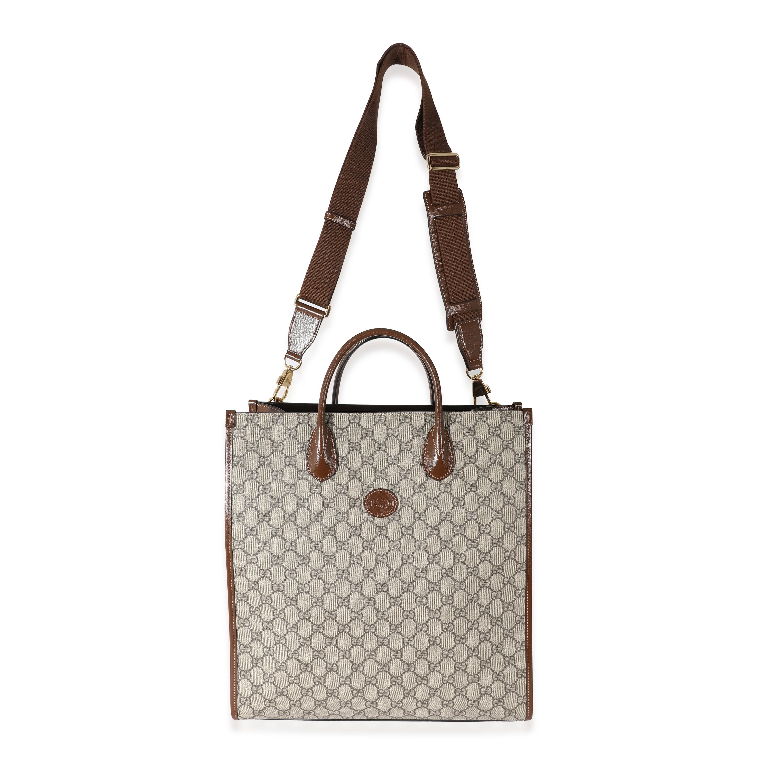 Beige GG Supreme Canvas Brown Leather Medium Interlocking G Tote - Image 6