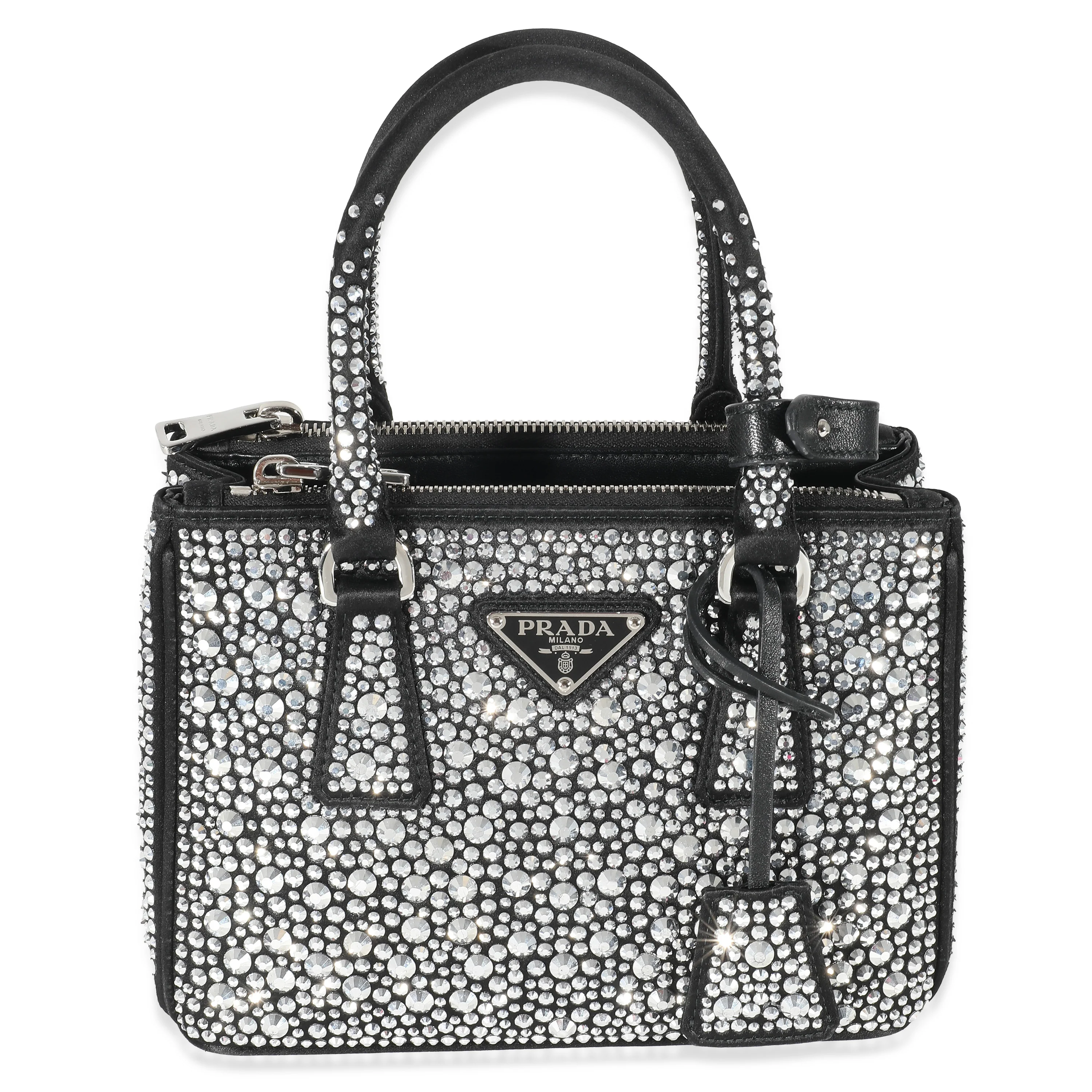 Prada Metal Black Satin Crystals Mini Galleria Double Zip Tote