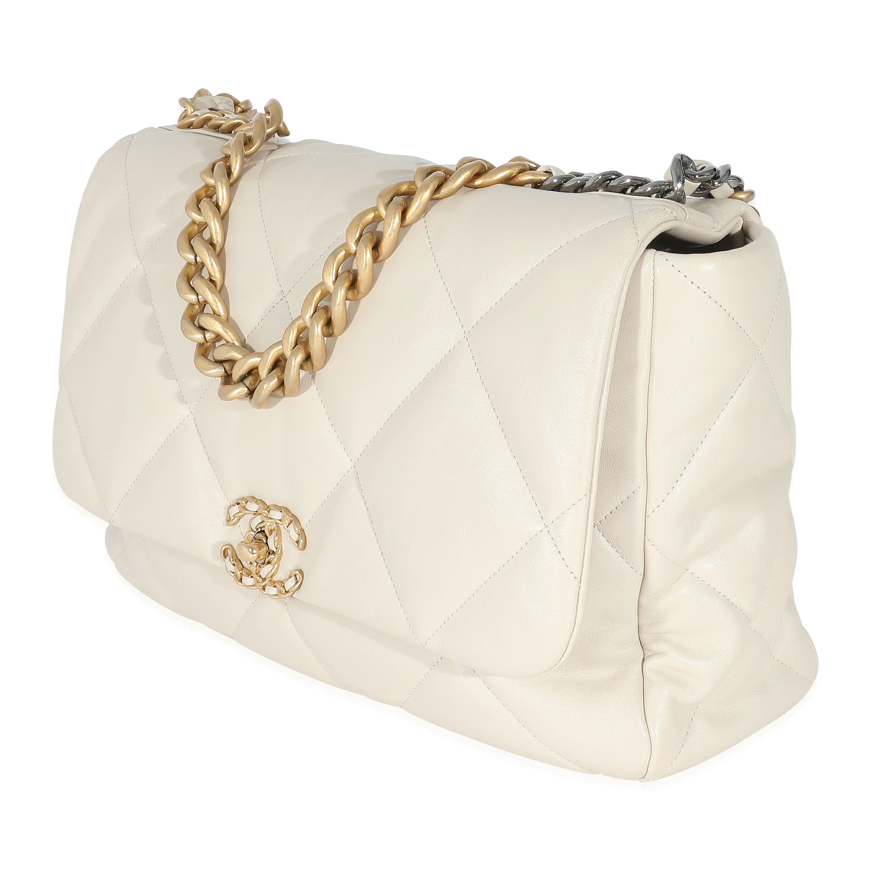 Ivory Shiny Quilted Lambskin Maxi Chanel 19 Flap Bag - Image 2