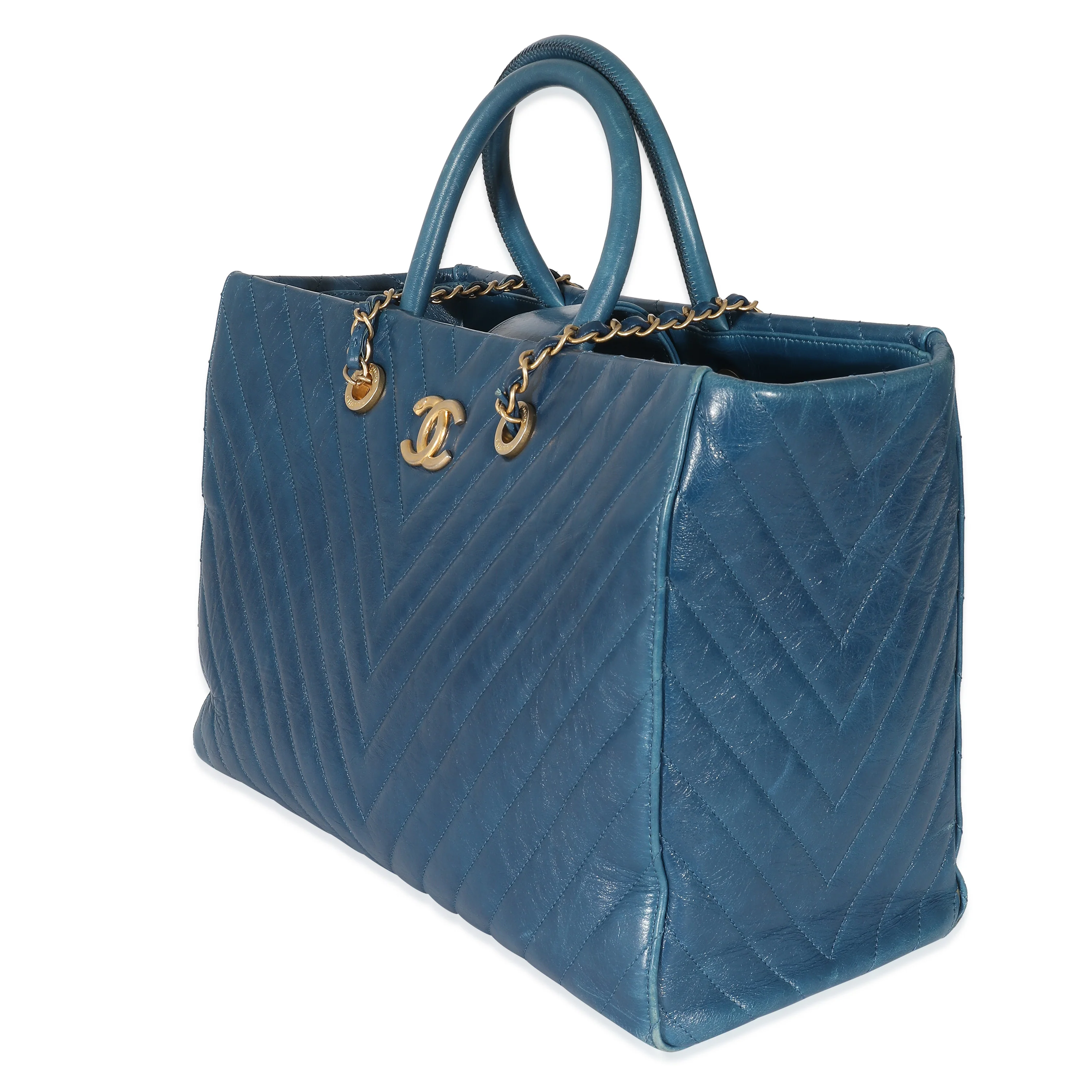 Chanel Blue Aged Calfskin Chevron Large Coco Handle Shopping Tote - Image 2
