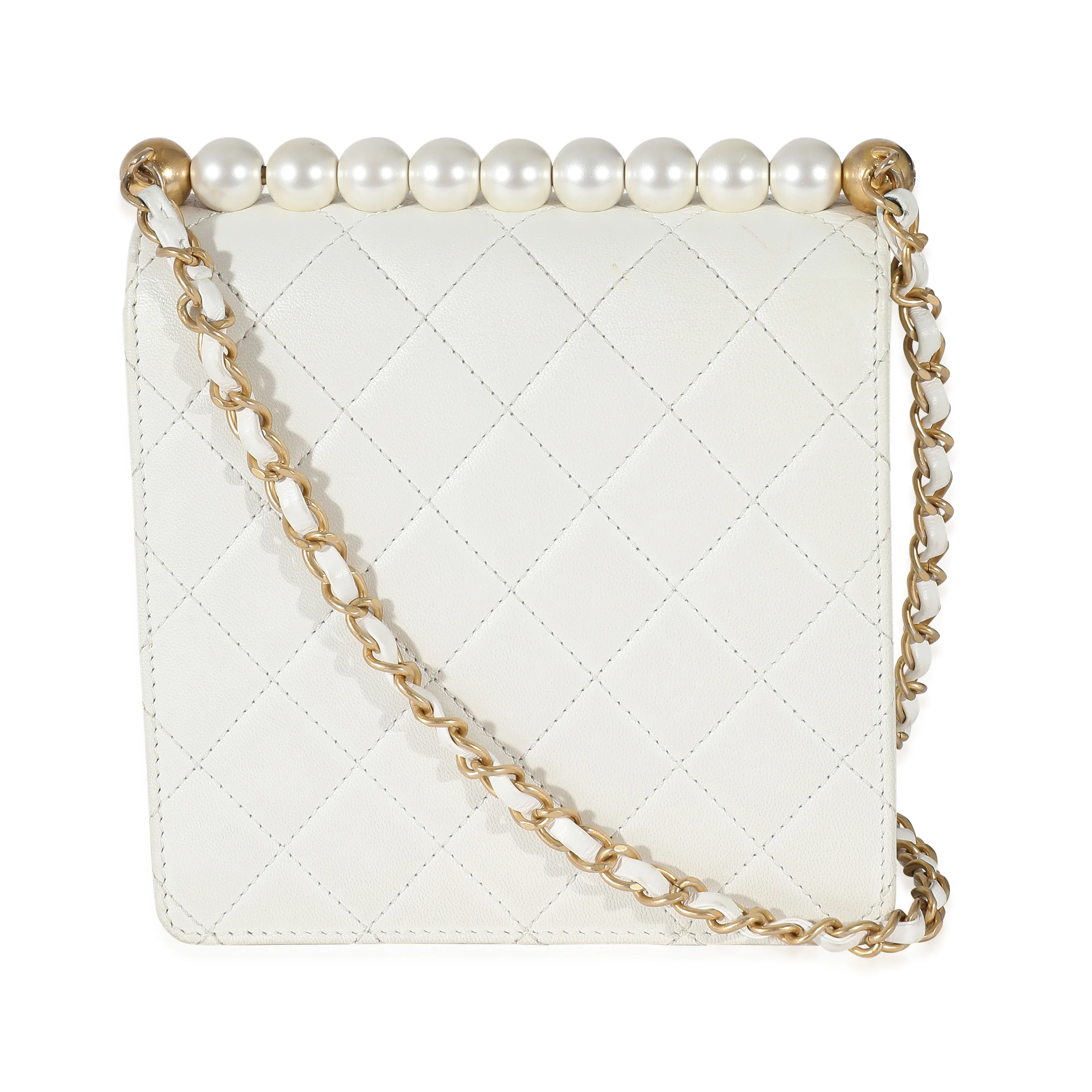 White Quilted Goatskin Vertical Chic Pearls Flap Bag - Image 3