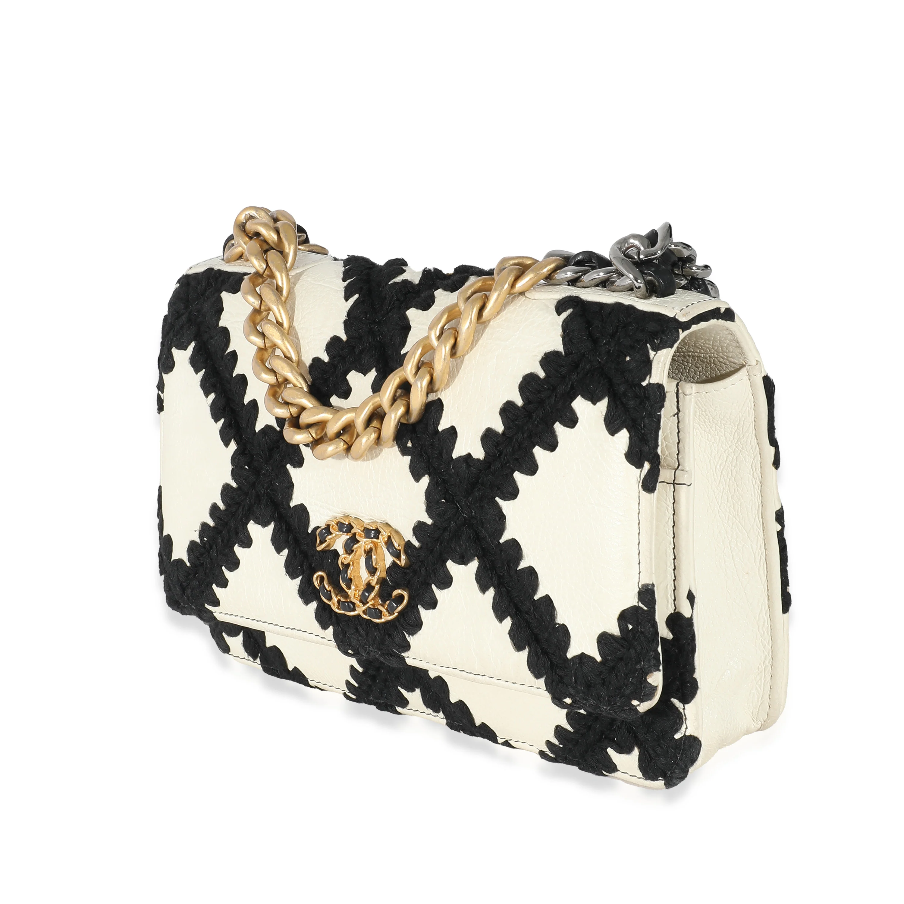 Chanel White Black Calfskin Crochet Chanel 19 Wallet On Chain - Image 2