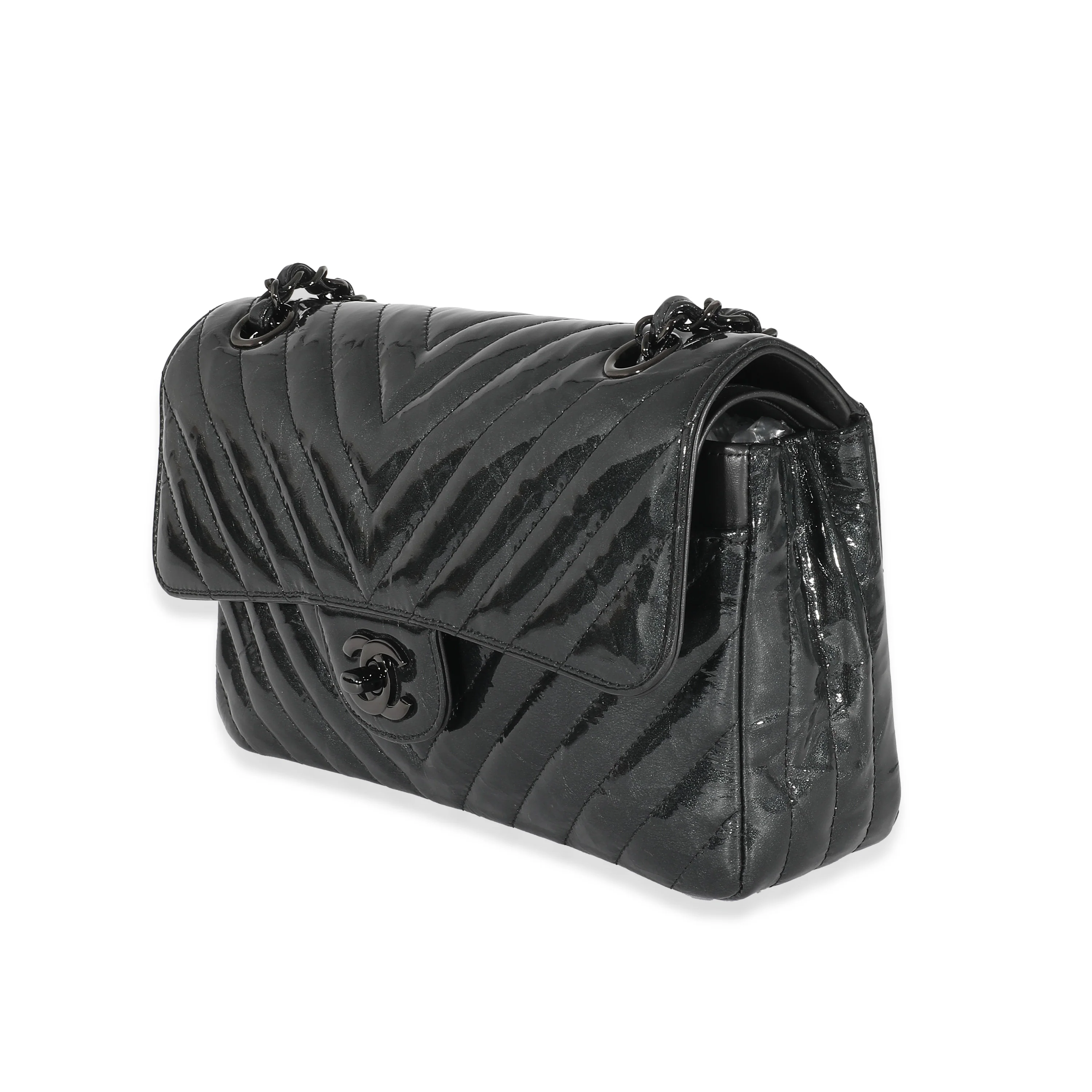Chanel Metallic Black Chevron Crumpled Patent Small Classic Double Flap Bag - Image 2