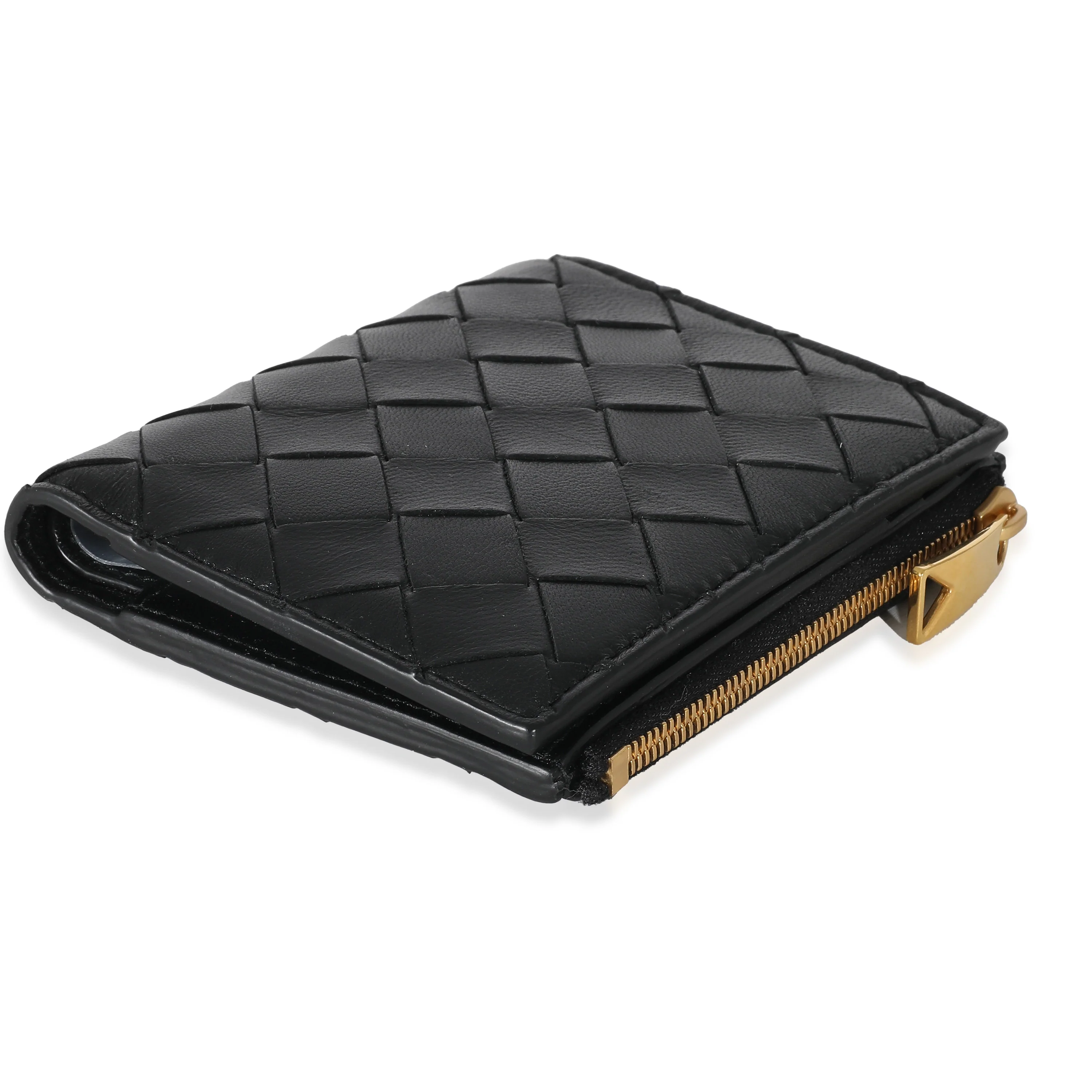 Bottega Veneta Black Intrecciato Lambskin Tri-Fold Zip Wallet - Image 7
