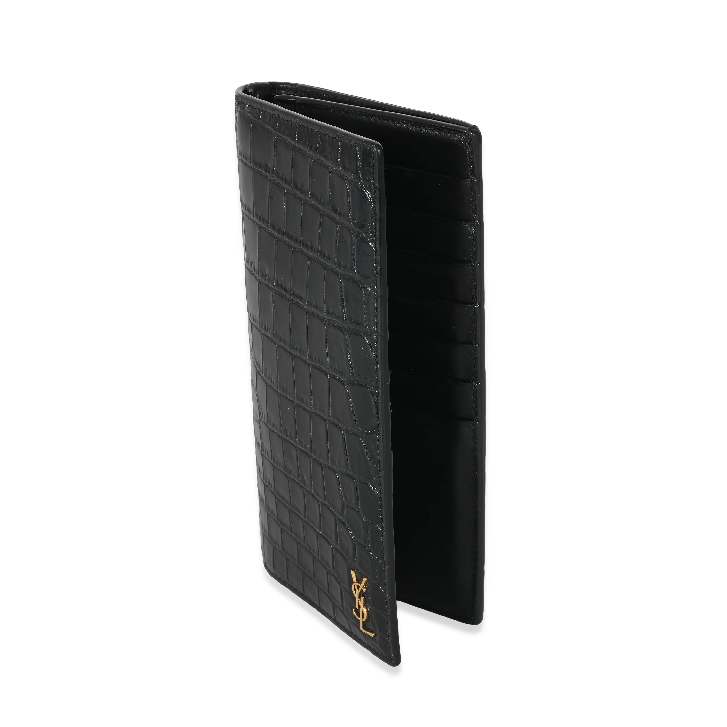 Saint LaurentĀ Black Croc Embossed Leather Tiny Cassandre Long Wallet - Image 2