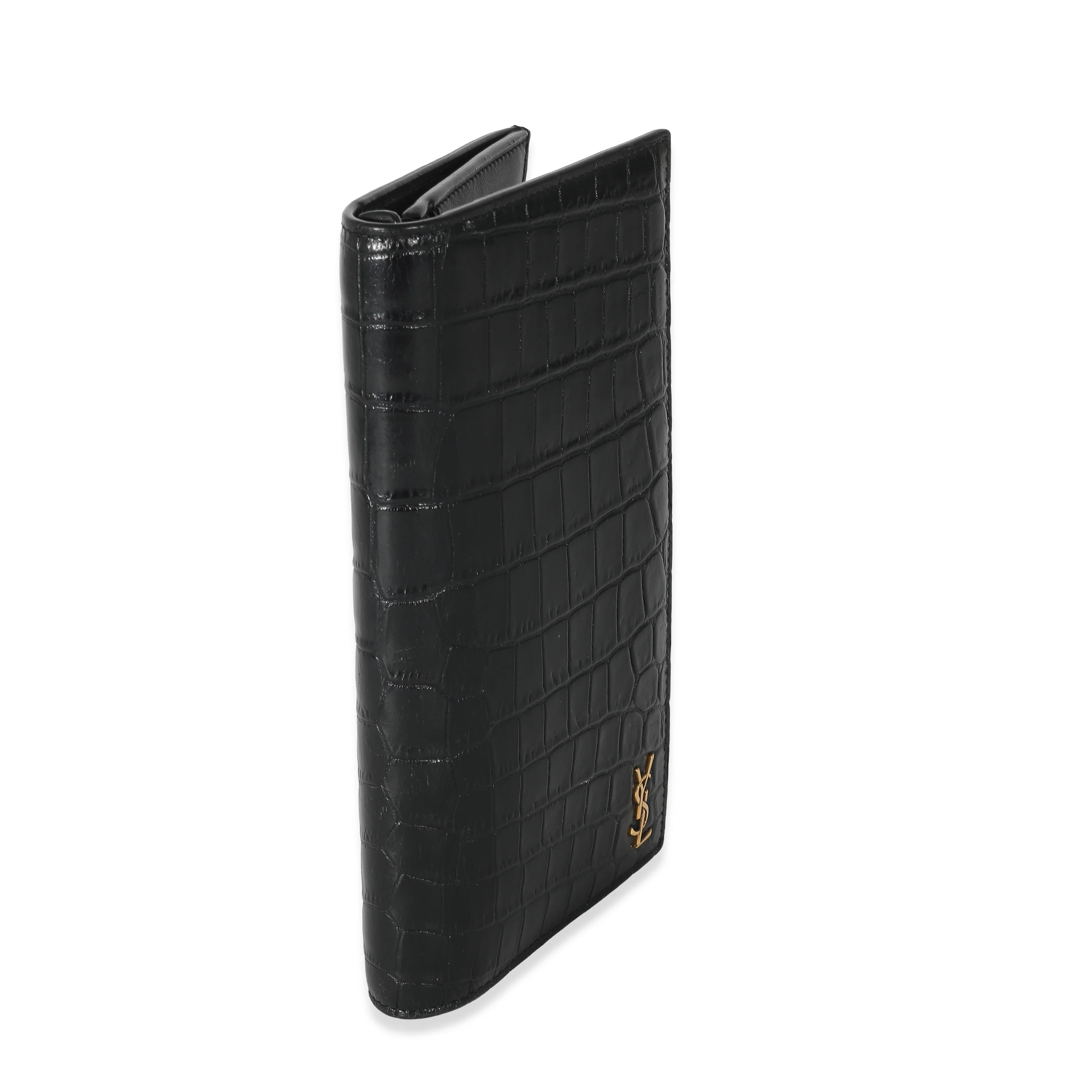 Saint LaurentĀ Black Croc Embossed Leather Tiny Cassandre Long Wallet - Image 3