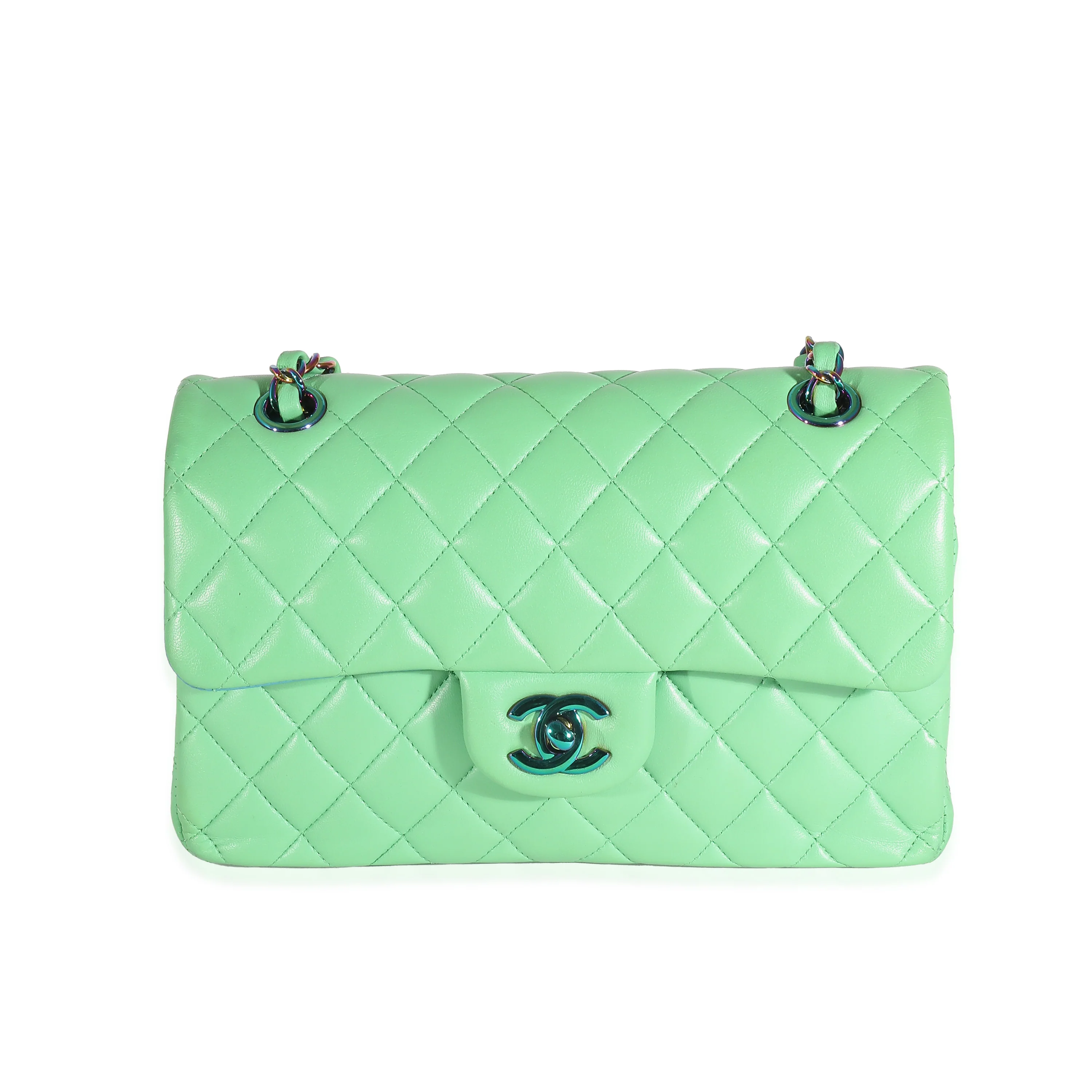 Green Quilted Lambskin Rainbow Small Classic Double Flap Bag