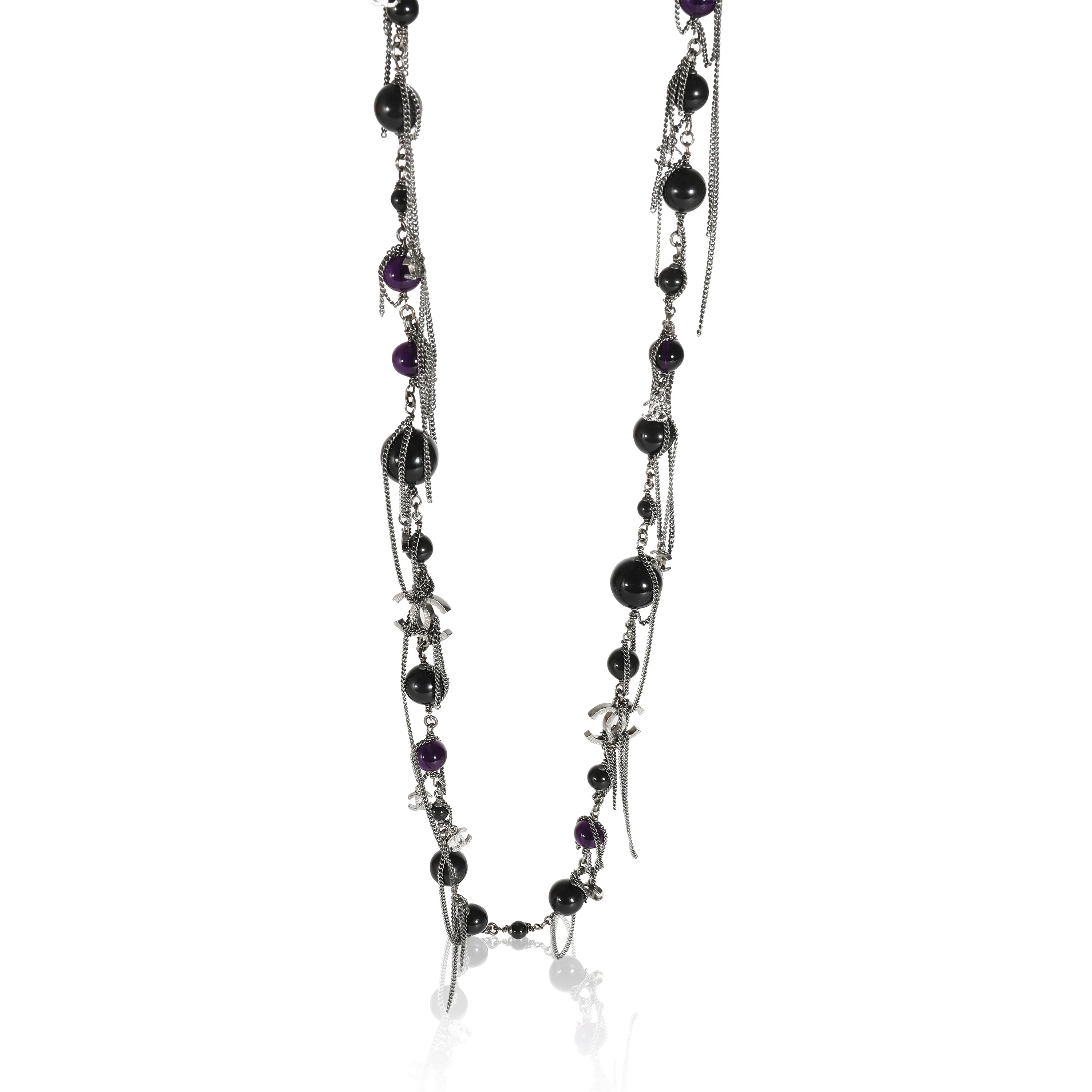 Ruthenium Chanel 2009 CC Black & Purple Bead Long Necklace With CC