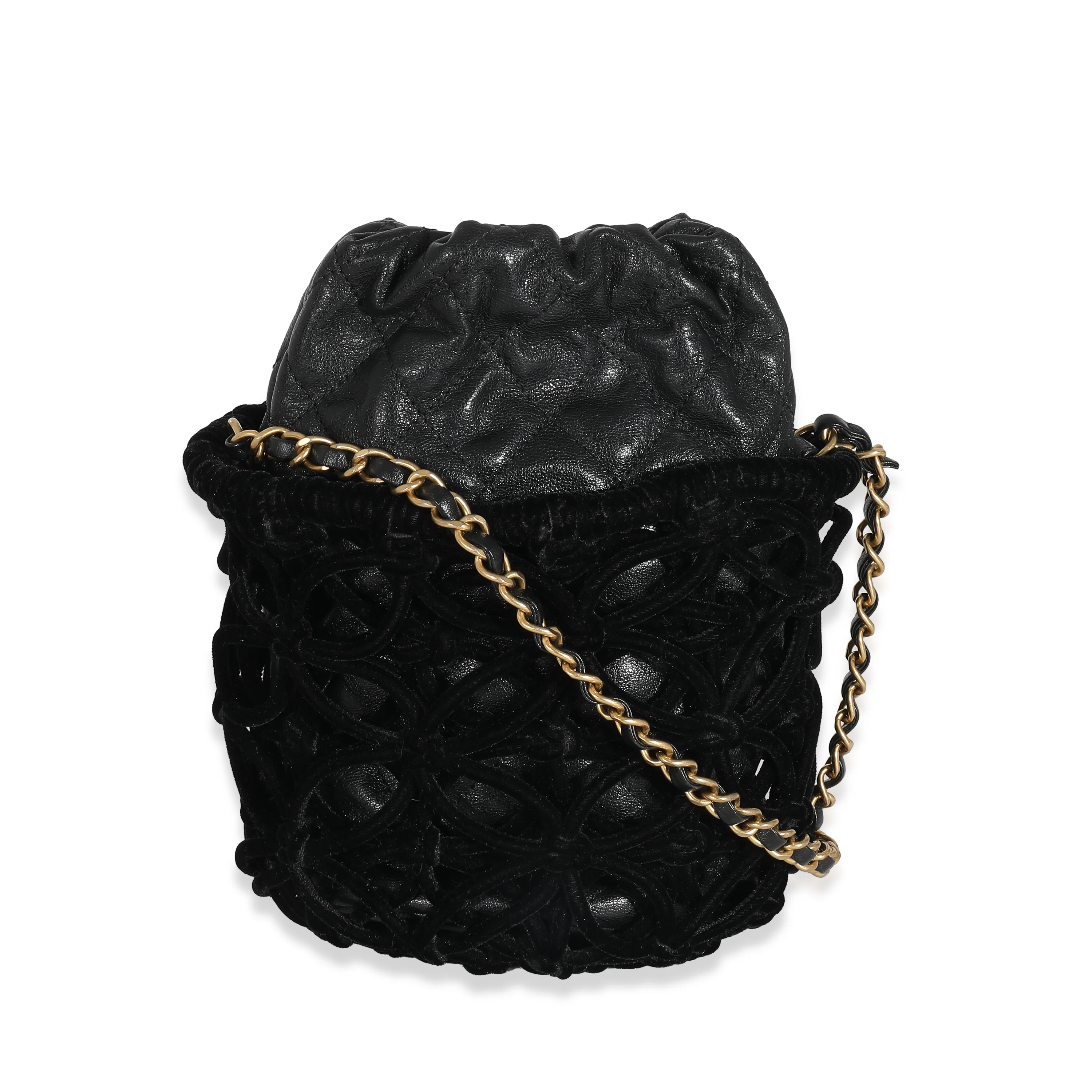 Chanel Black Braided Velvet Goatskin Drawstring CC Bucket Bag - Image 5