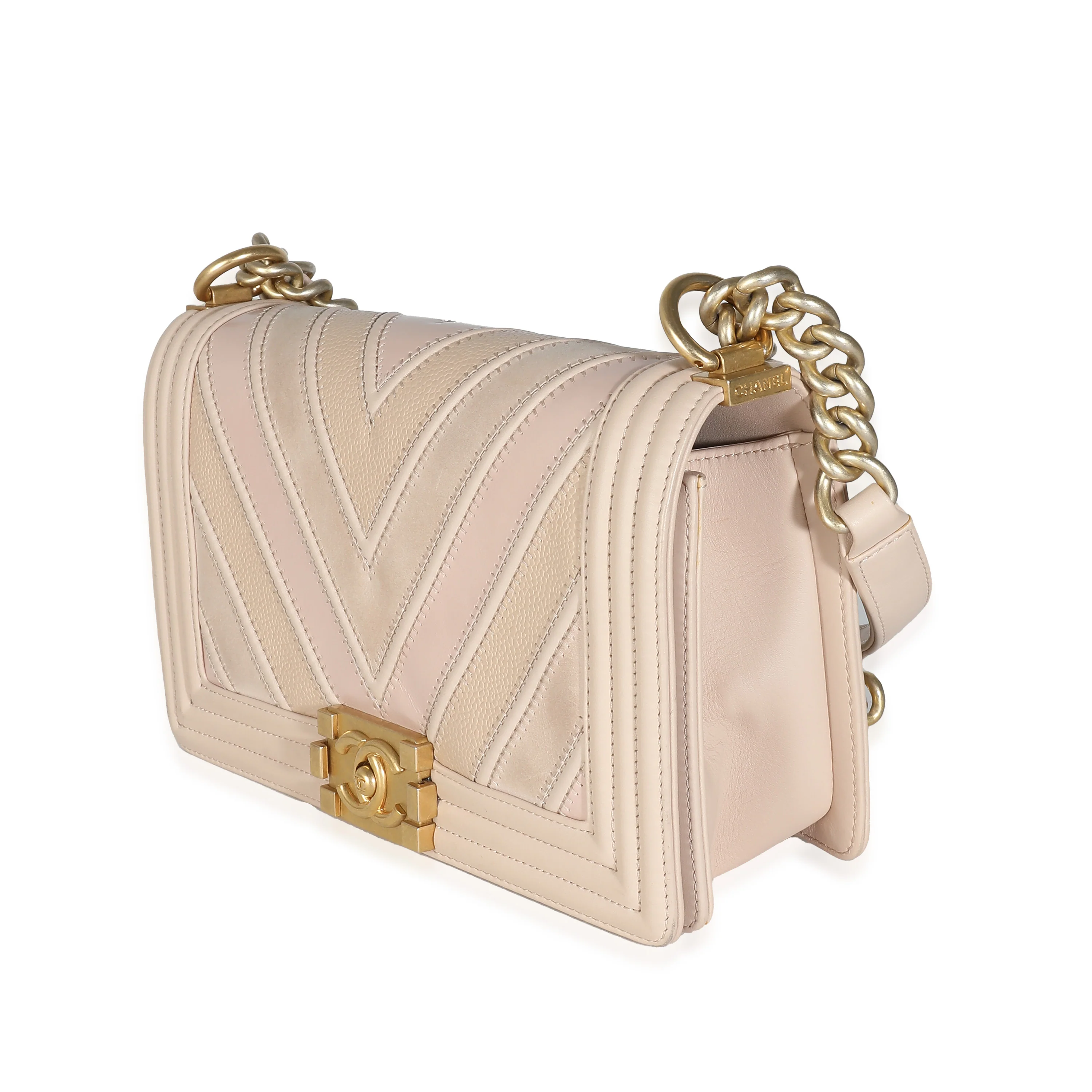 Beige Caviar Suede Calfskin Chevron Medium Boy Handbag - Image 2