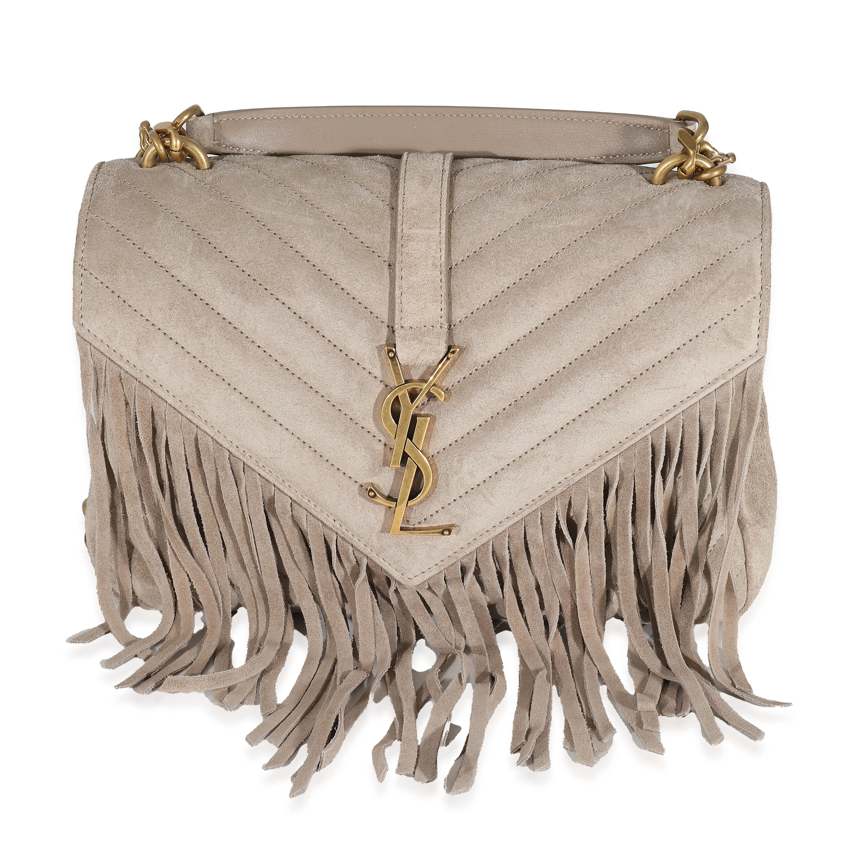 Saint Laurent Beige Suede Matelasse Chevron Fringe Monogram Medium College Bag