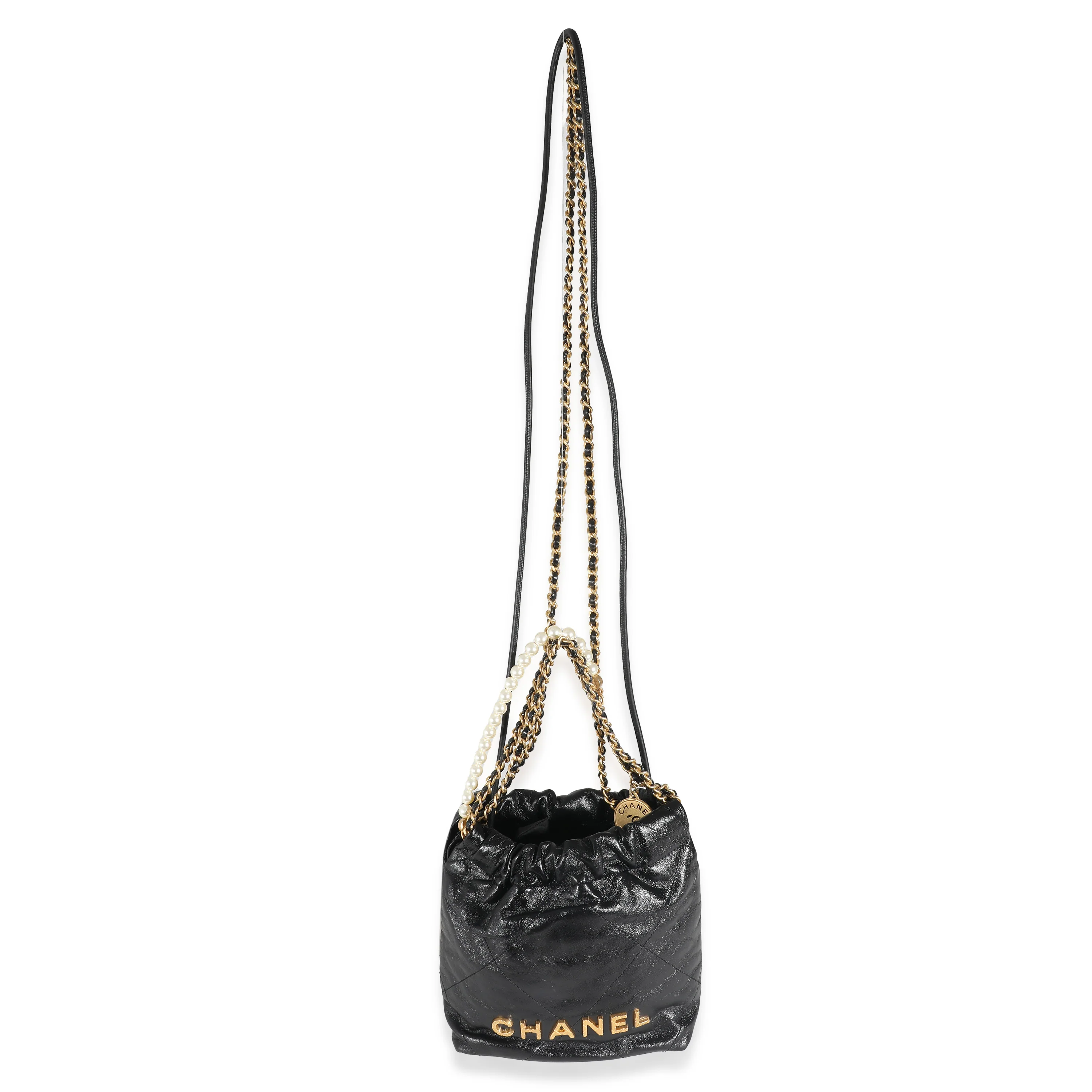 Chanel Black Shiny Crumpled Quilted Calfskin Pearl Chain Mini Chanel 22 Hobo - Image 7