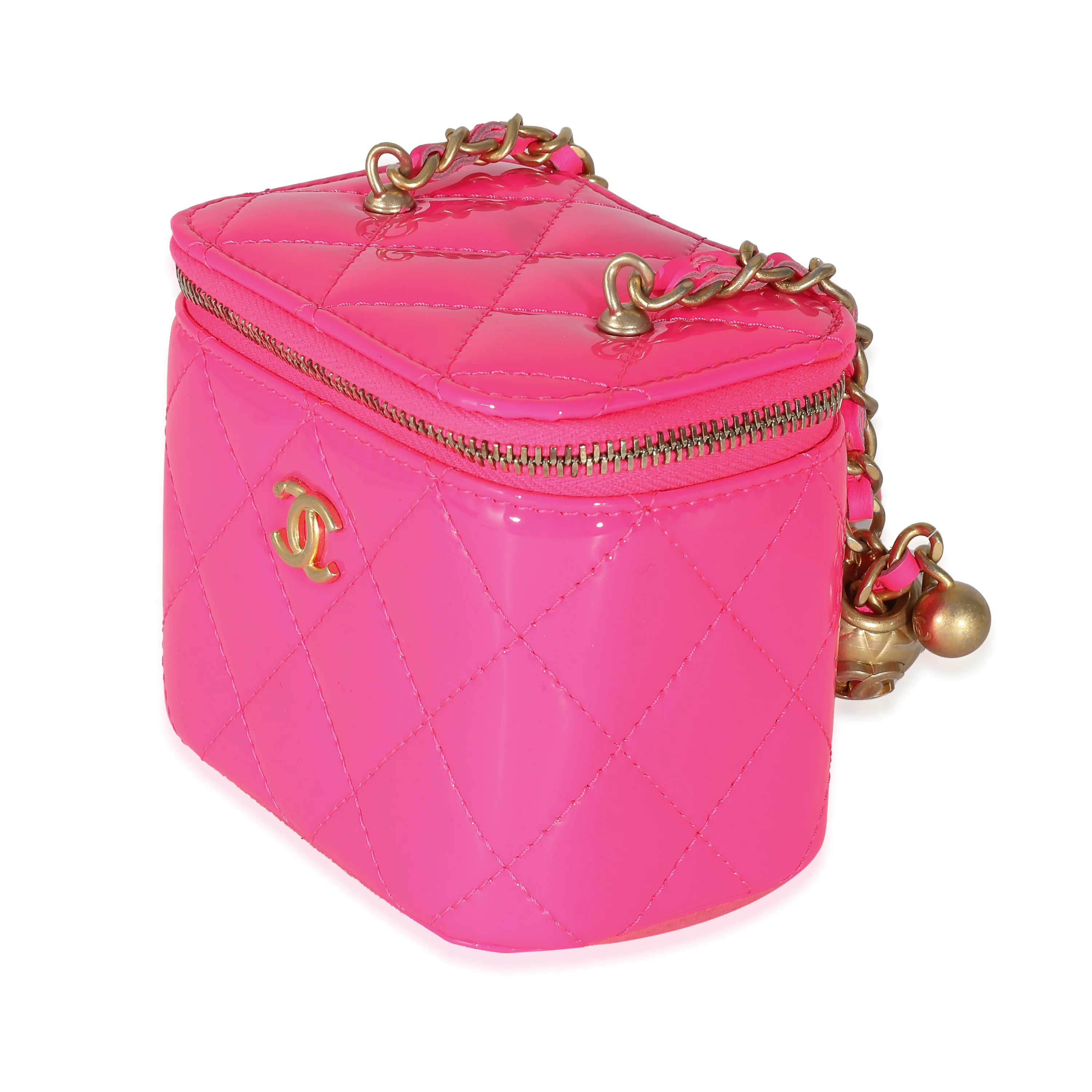 Neon Pink Quilted Patent Pearl Crush Mini Vanity Case - Image 2