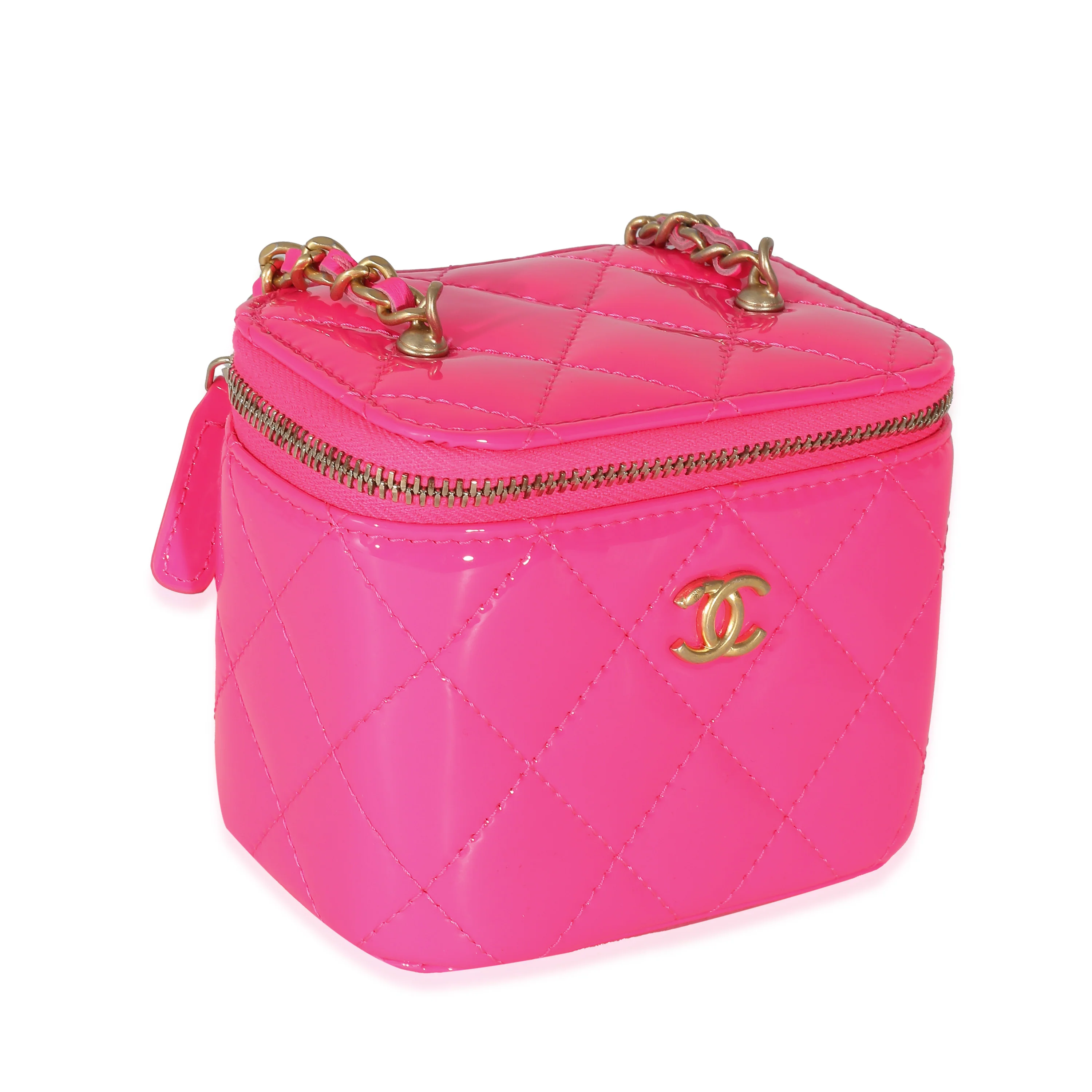 Neon Pink Quilted Patent Pearl Crush Mini Vanity Case - Image 3