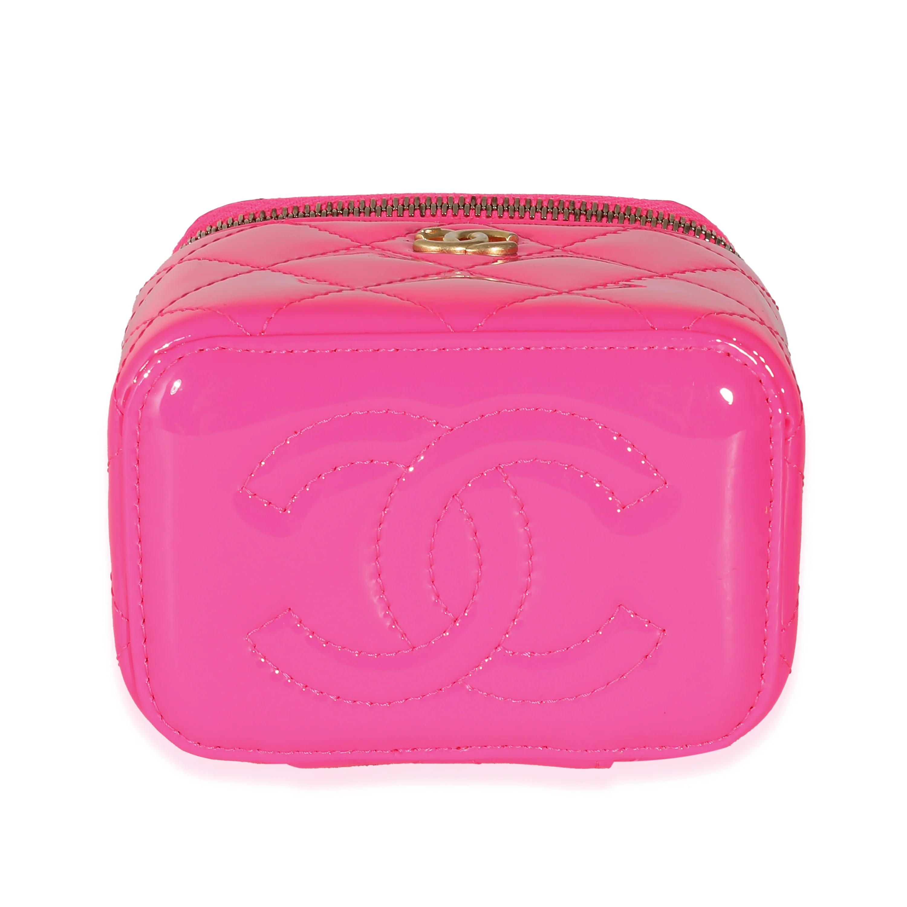 Neon Pink Quilted Patent Pearl Crush Mini Vanity Case - Image 6