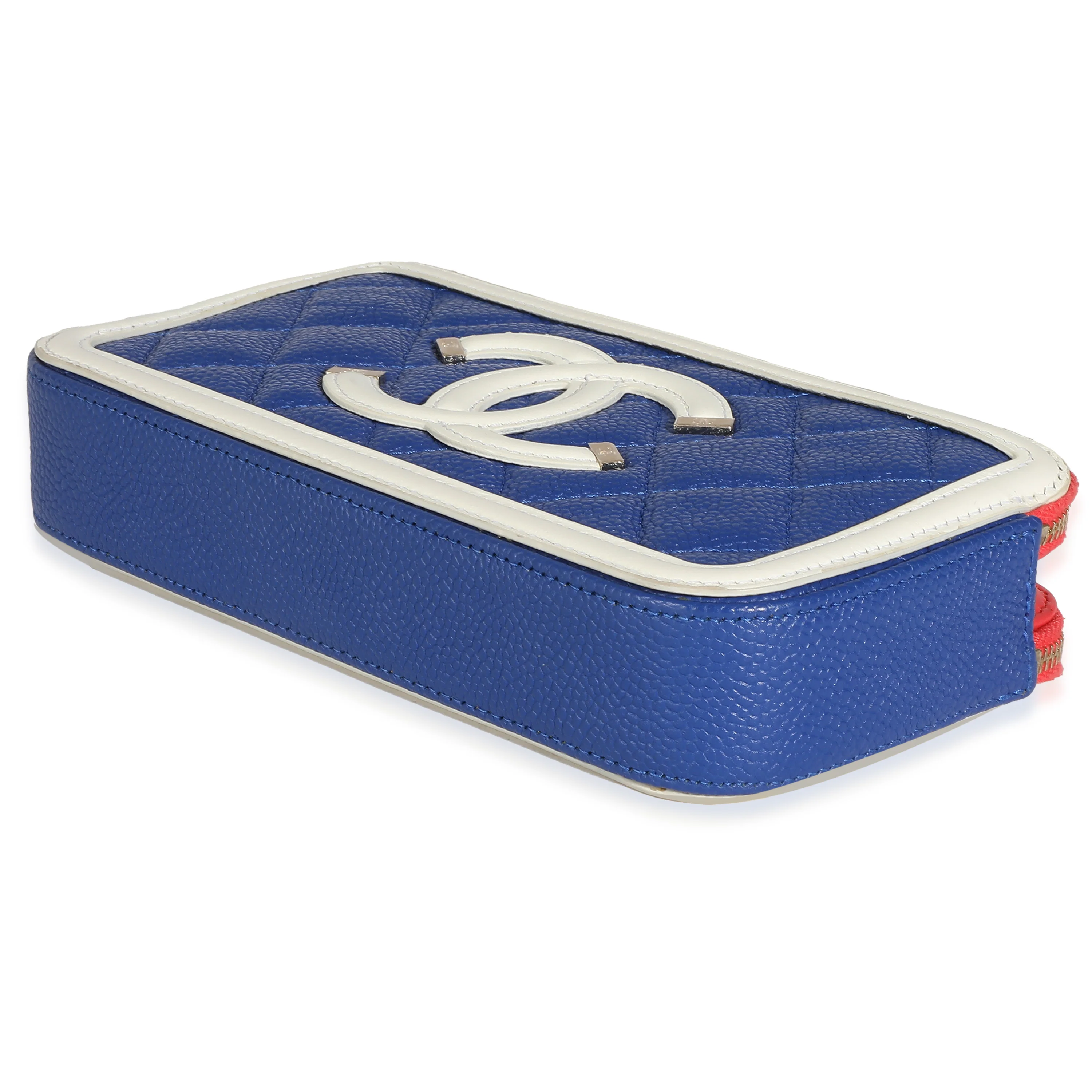 Blue White Red Quilted Caviar Double Zip Filigree Clutch - Image 7