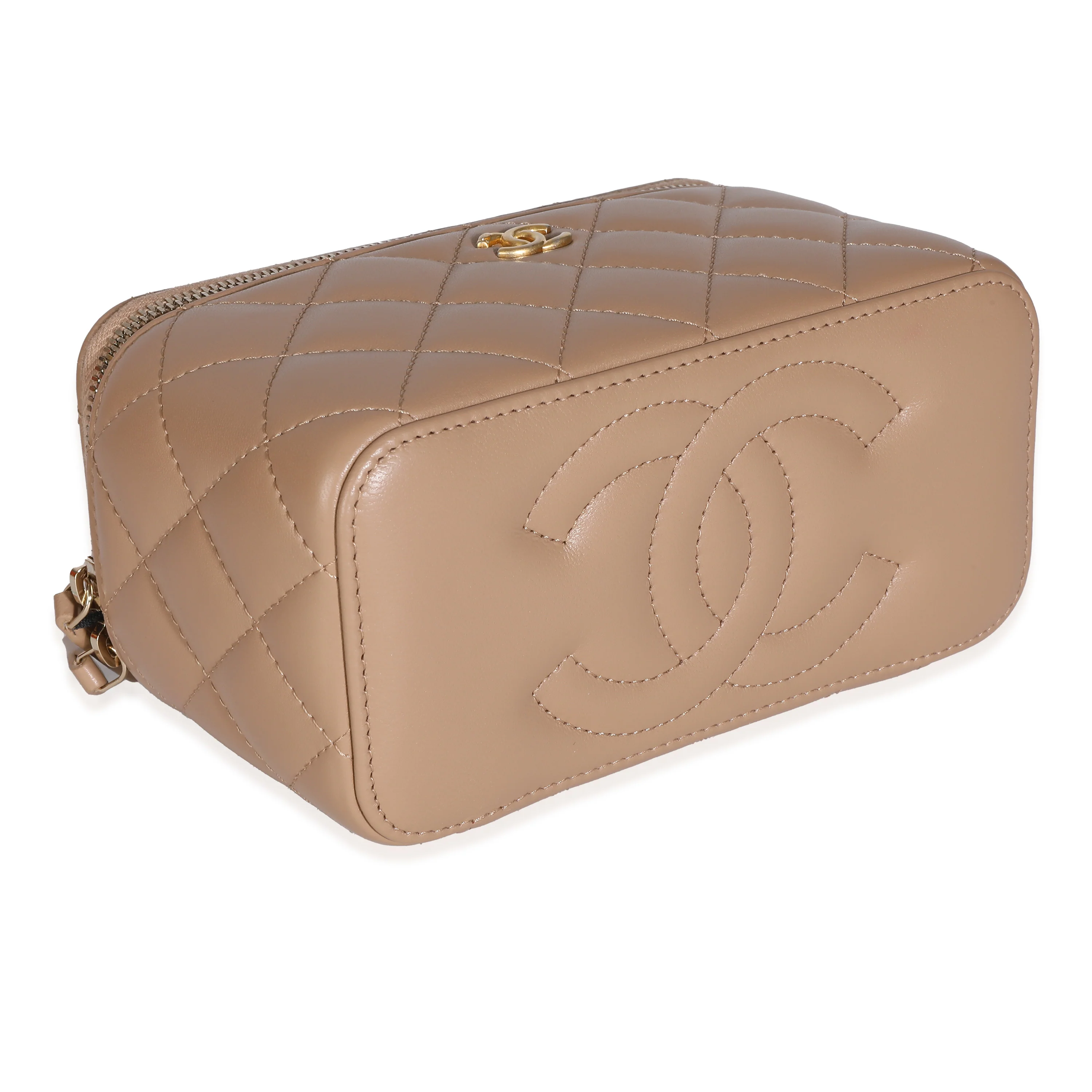 22B Beige Quilted Lambskin Small Pearl Crush Vanity Case With Chain - Image 4