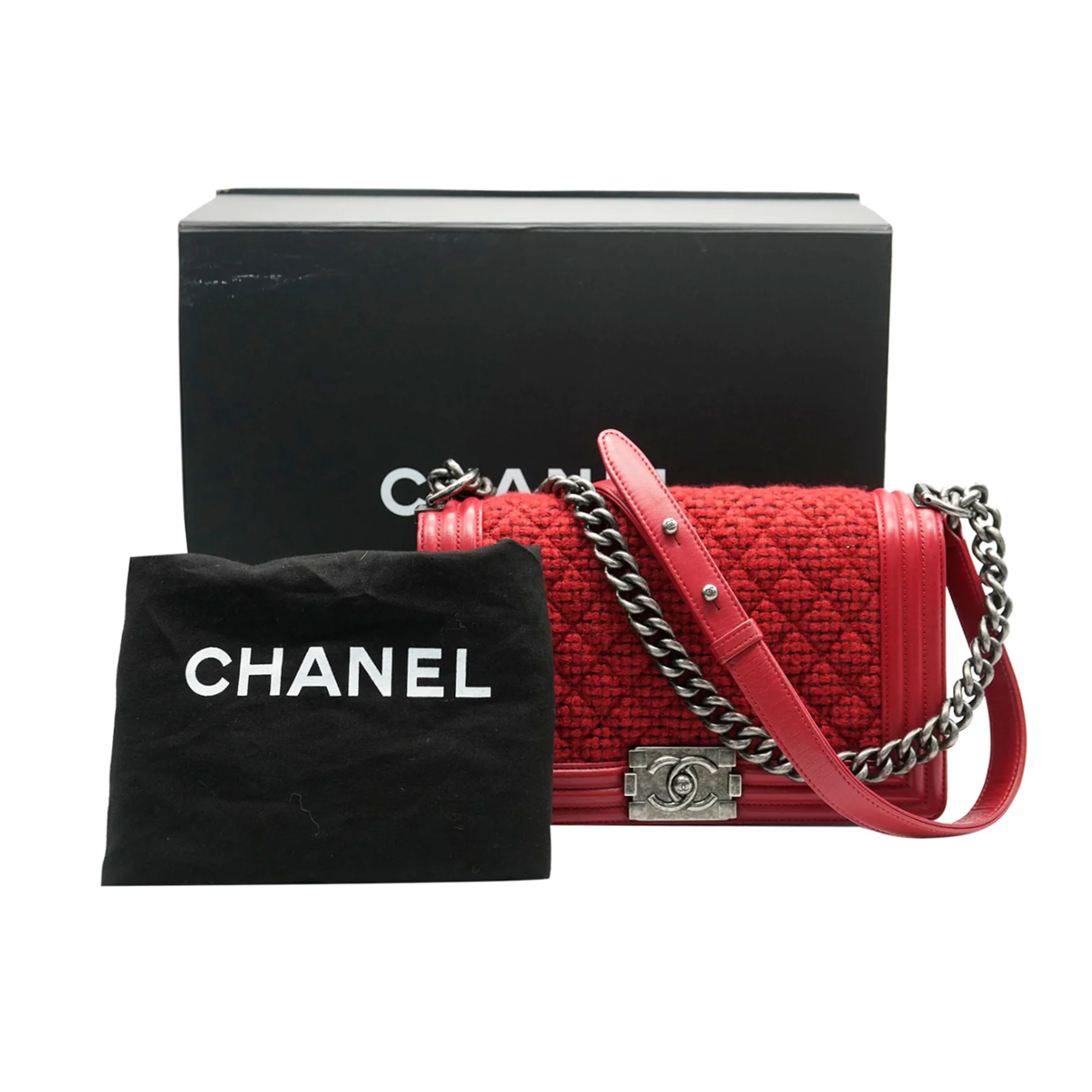 Red Quilted Tweed Lambskin Old Medium Boy Bag - Image 6