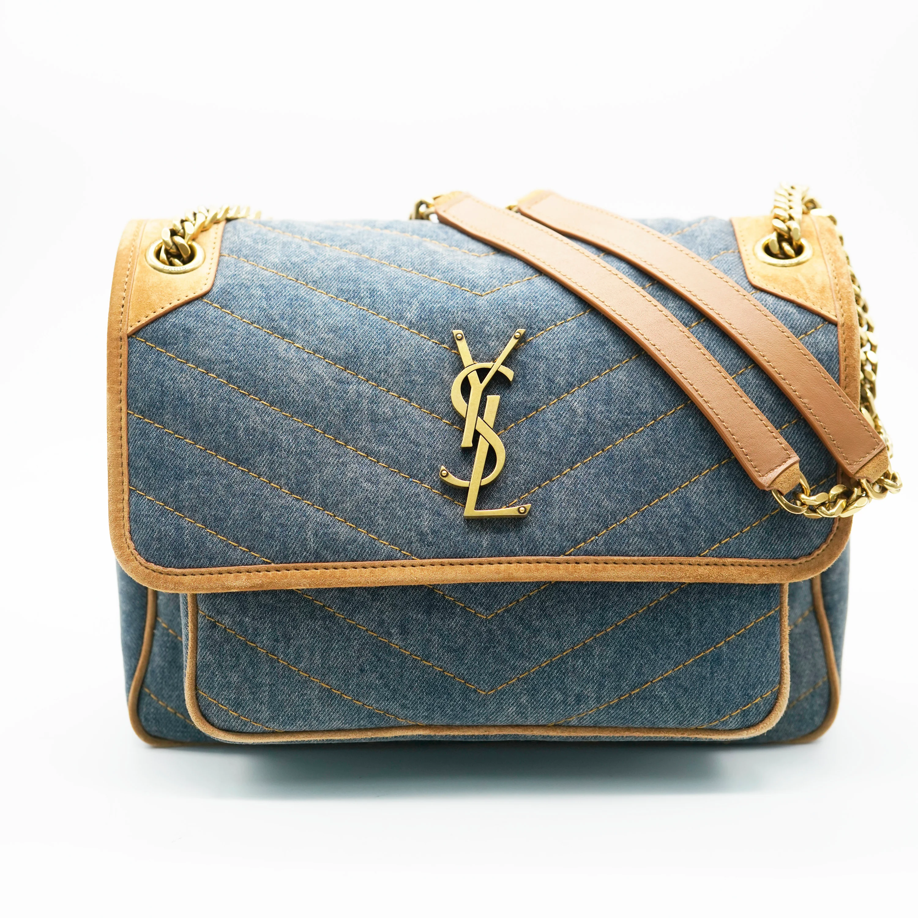 Blue Denim Suede Monogram Medium Niki Chain Satchel